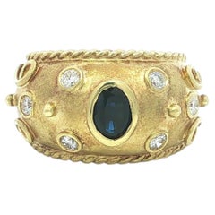 14k Gold Sapphire & Diamond Matte Scroll Work Twisted Cable Wide Cigar Band Ring