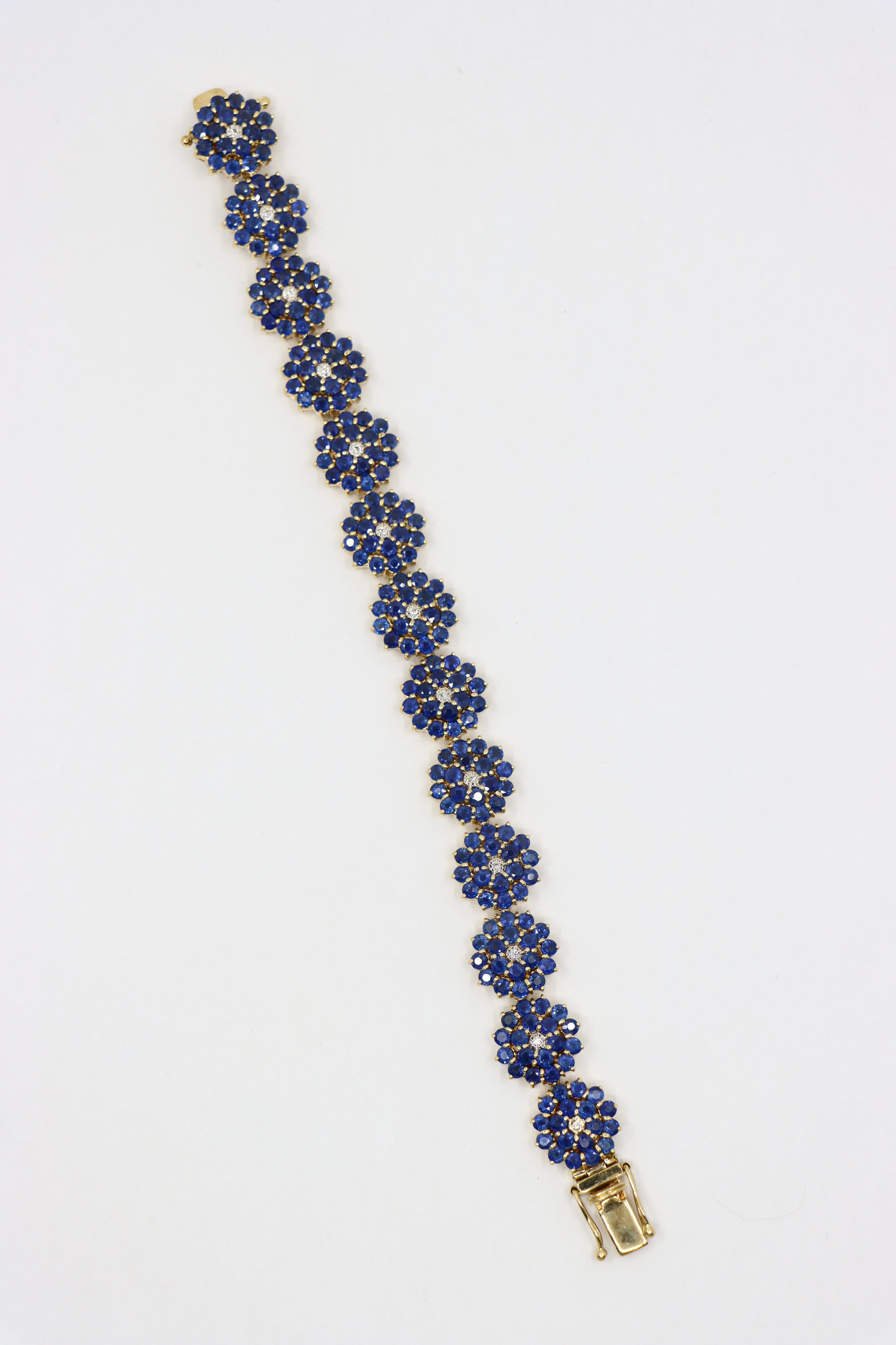 14K Gold Sapphire Diamonds Flower Bracelet 7