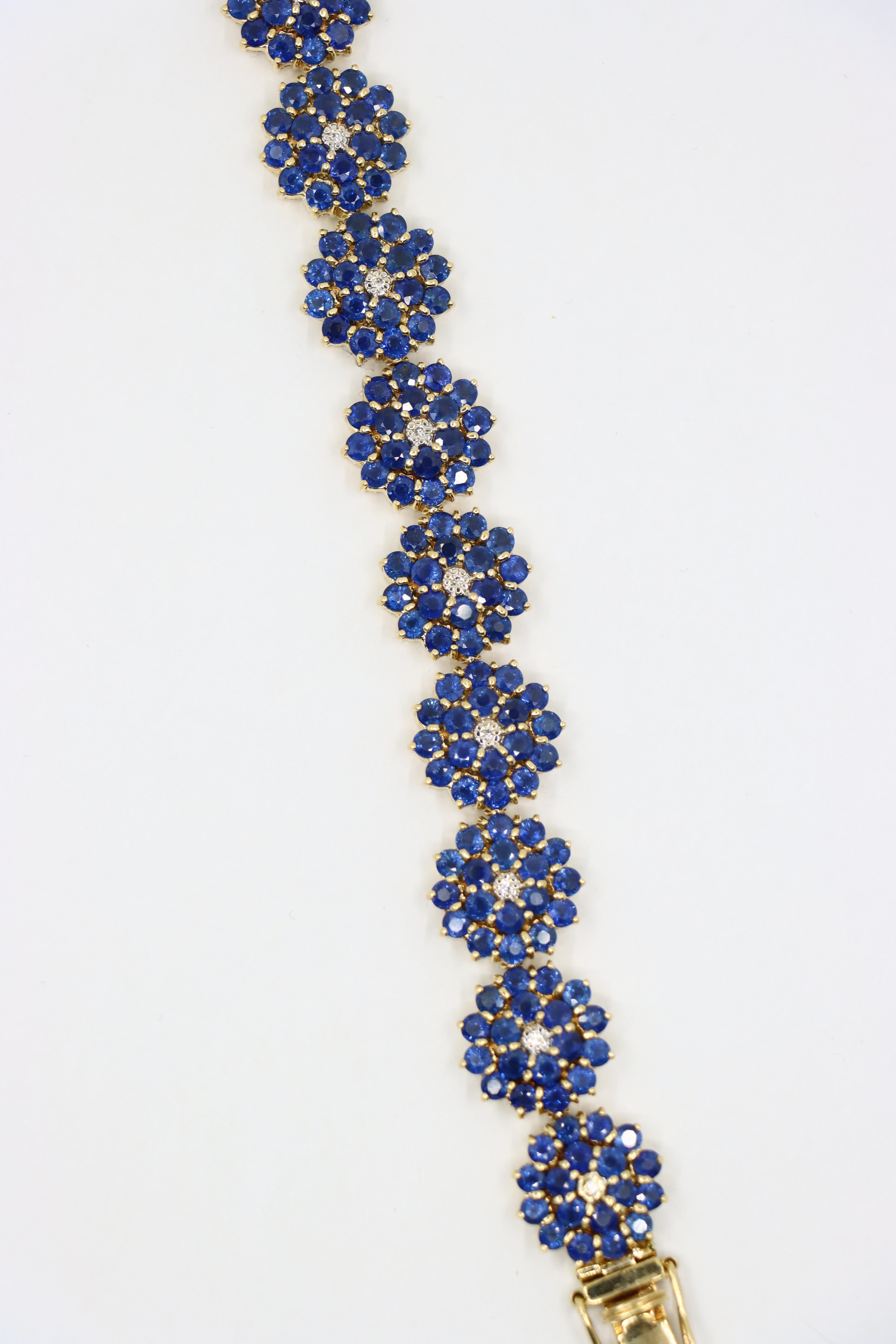 14K Gold Sapphire Diamonds Flower Bracelet 10