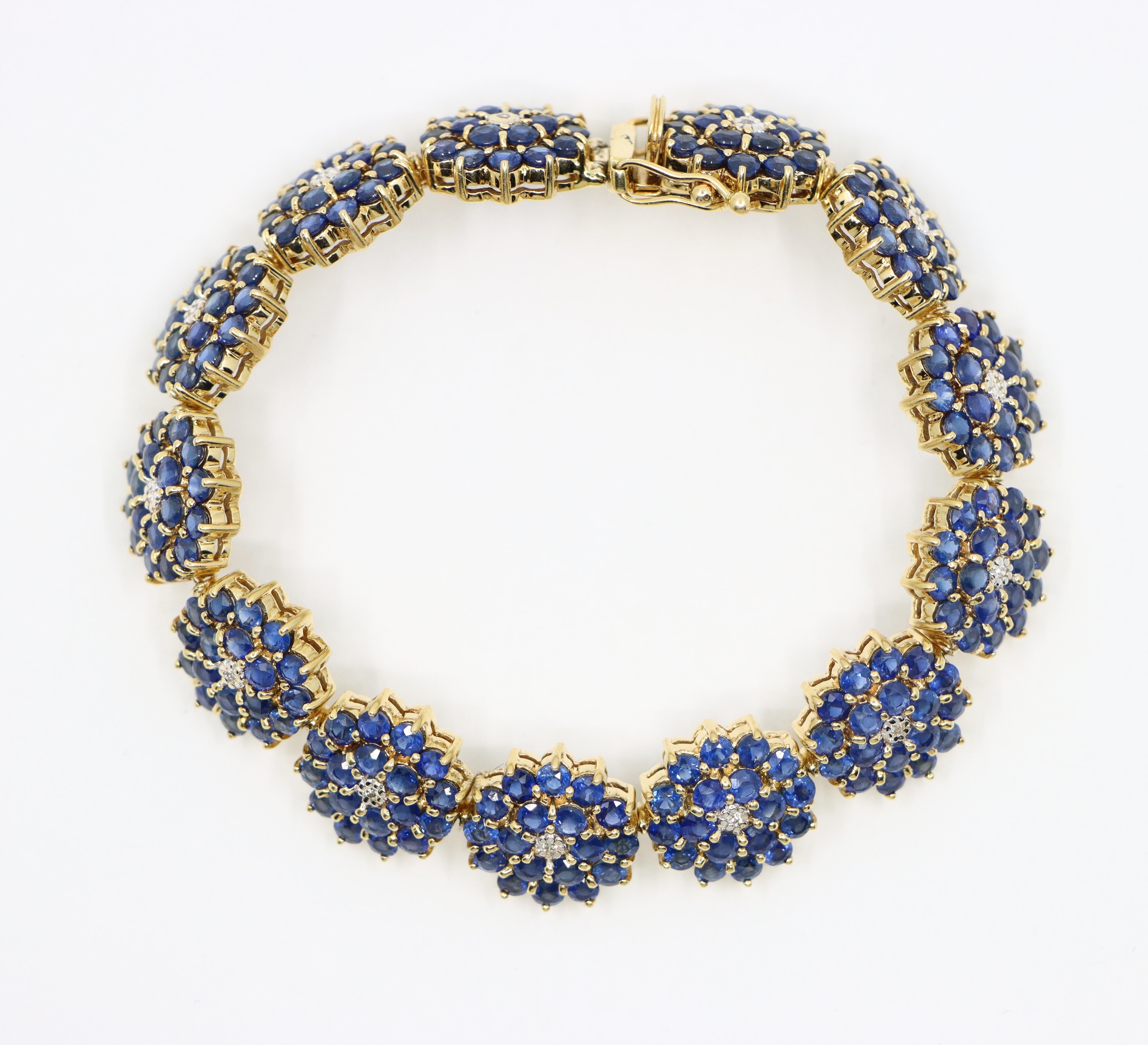 Women's or Men's 14K Gold Sapphire Diamonds Flower Bracelet