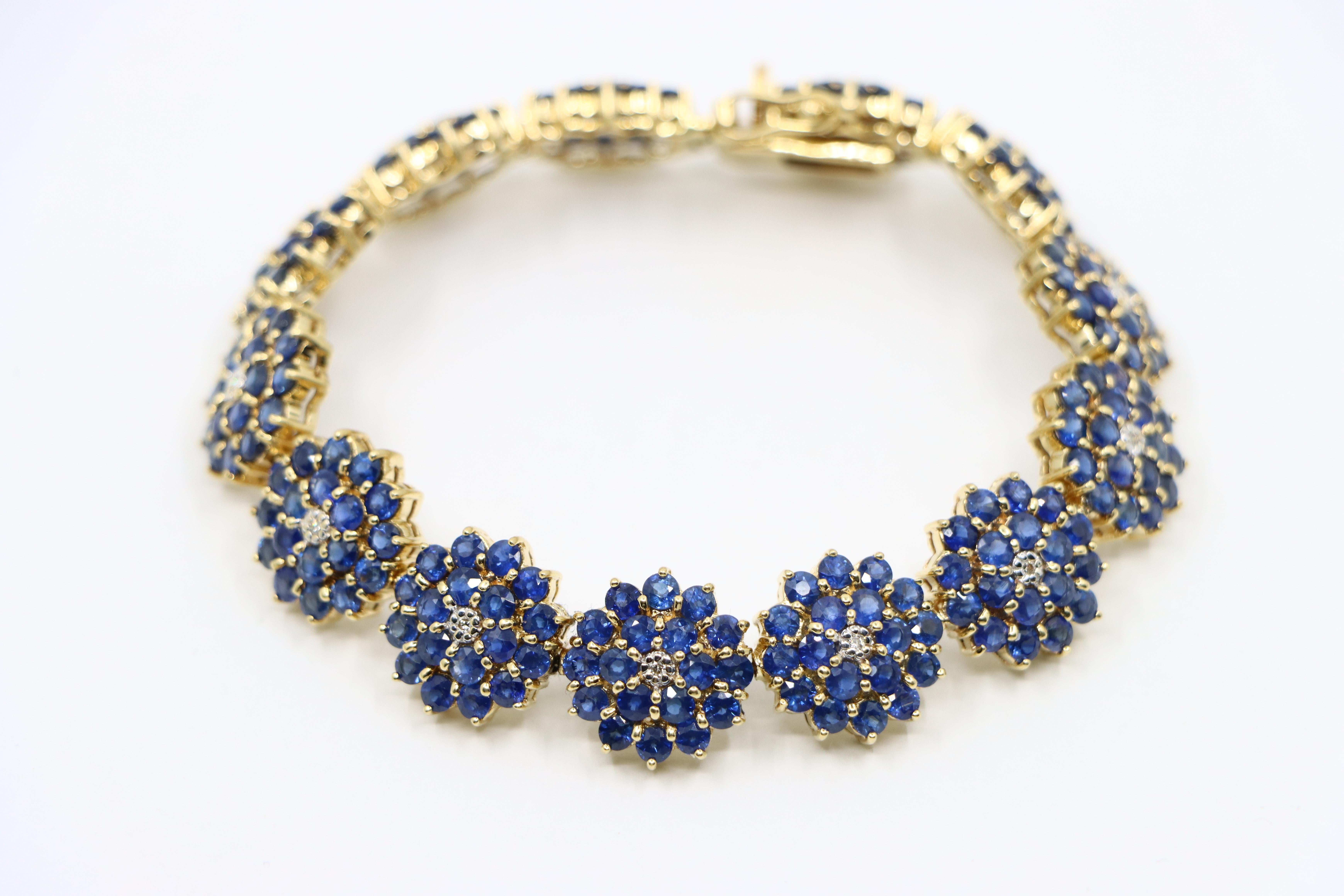 14K Gold Sapphire Diamonds Flower Bracelet 1