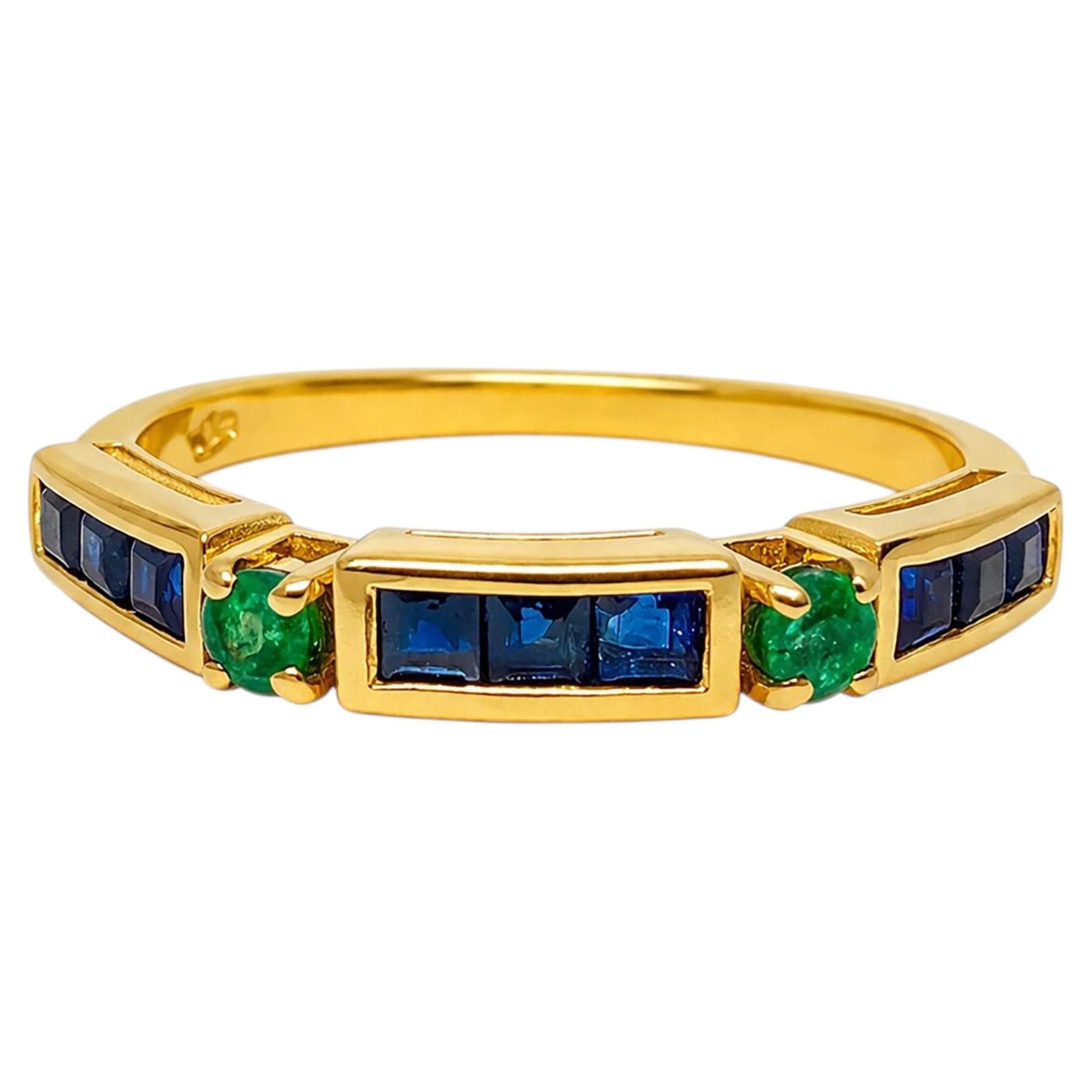 14K Gold Sapphire Ring with Emerald Accents Minimalist Sapphire Emerald Ring