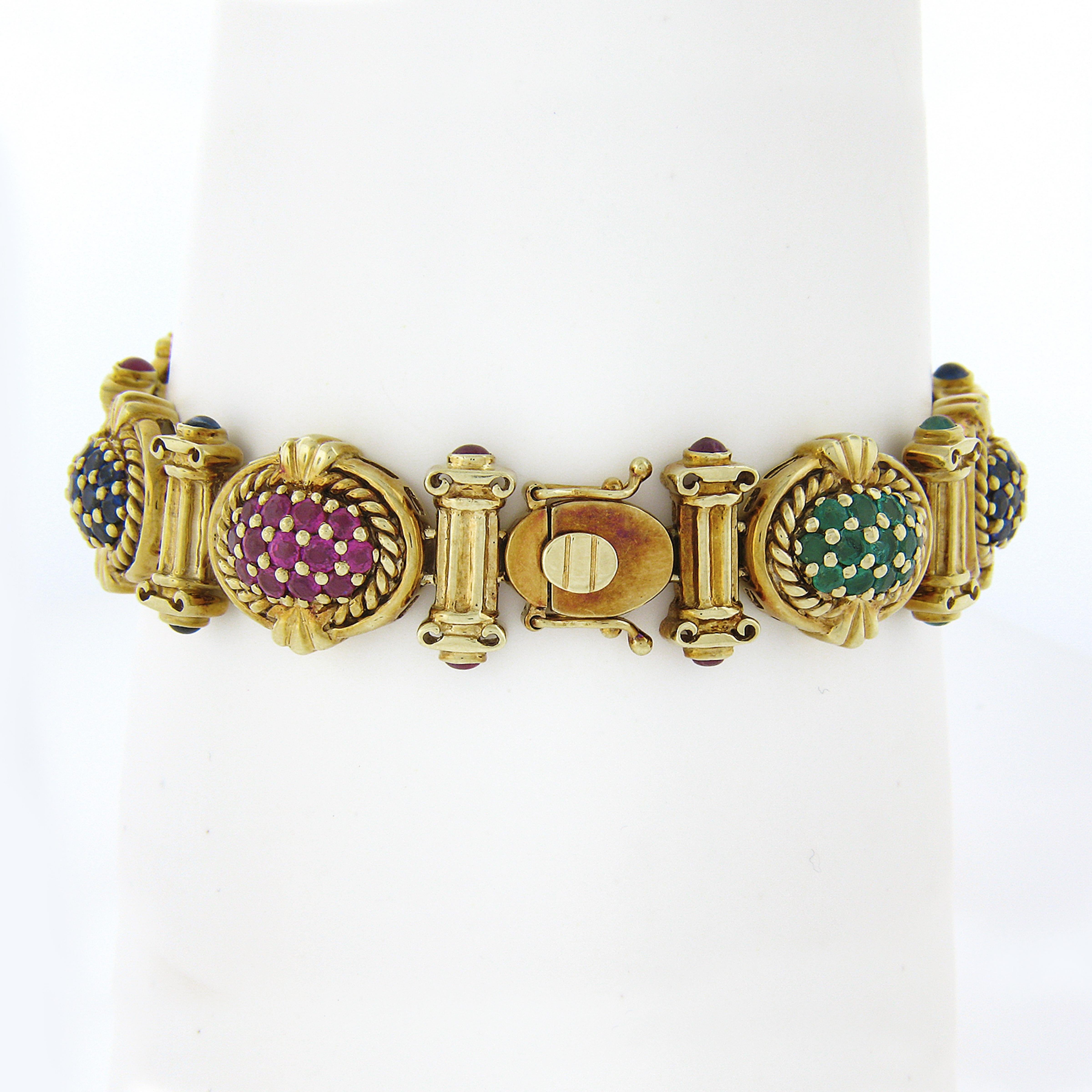 Round Cut 14k Gold Sapphire Ruby Emerald Diamond Multicolor Cluster & Column Link Bracelet For Sale