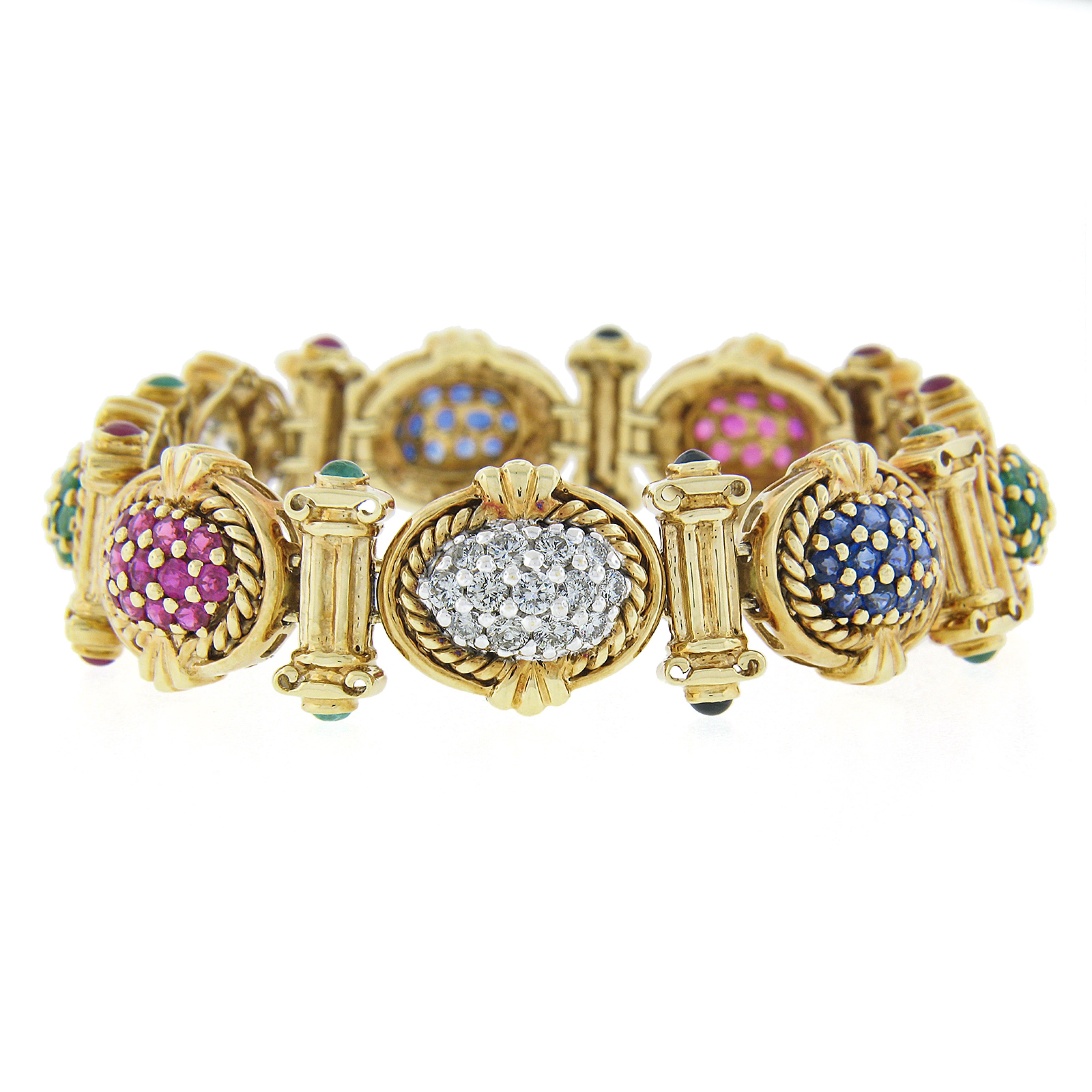 14k Gold Sapphire Ruby Emerald Diamond Multicolor Cluster & Column Link Bracelet In Excellent Condition For Sale In Montclair, NJ