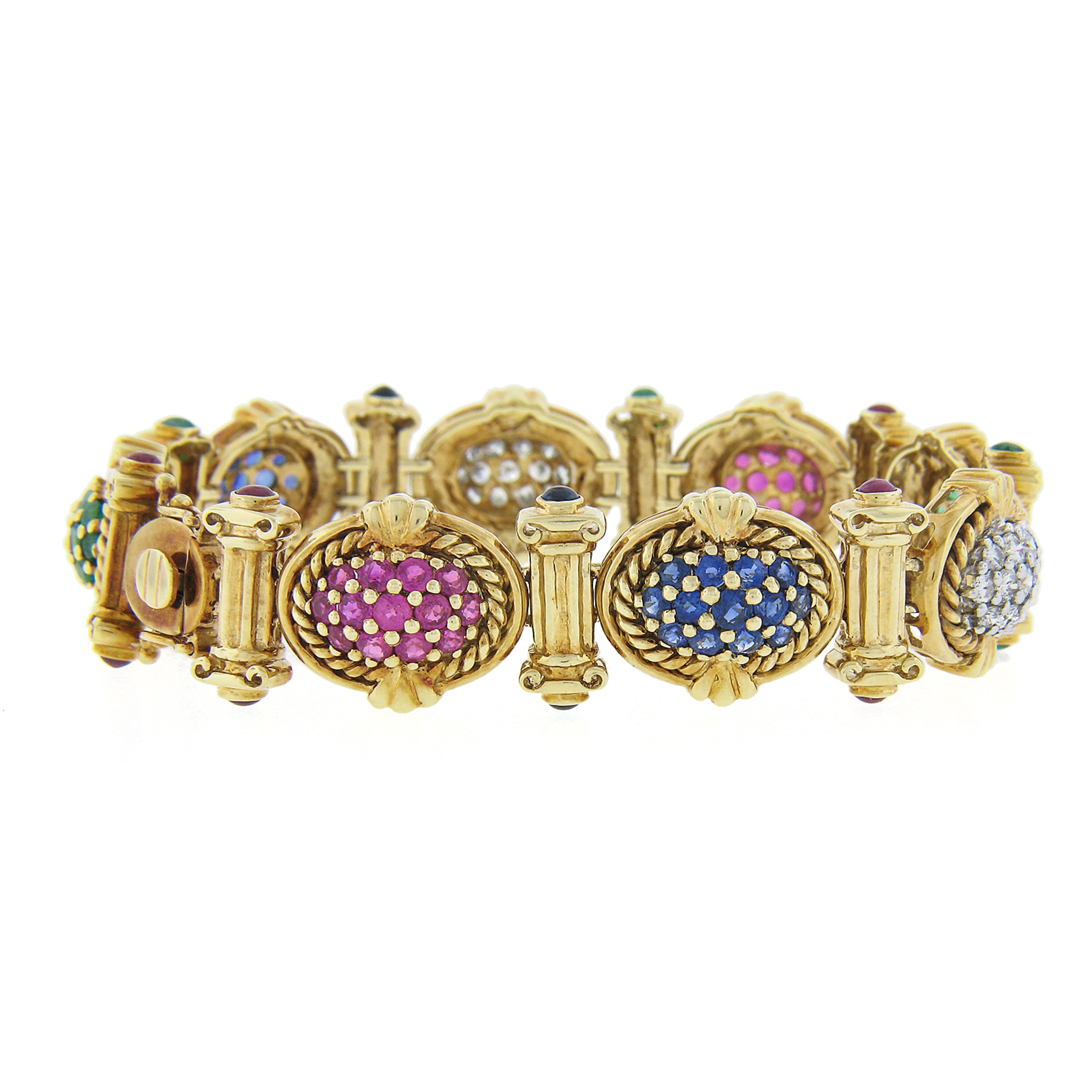 Women's 14k Gold Sapphire Ruby Emerald Diamond Multicolor Cluster & Column Link Bracelet For Sale