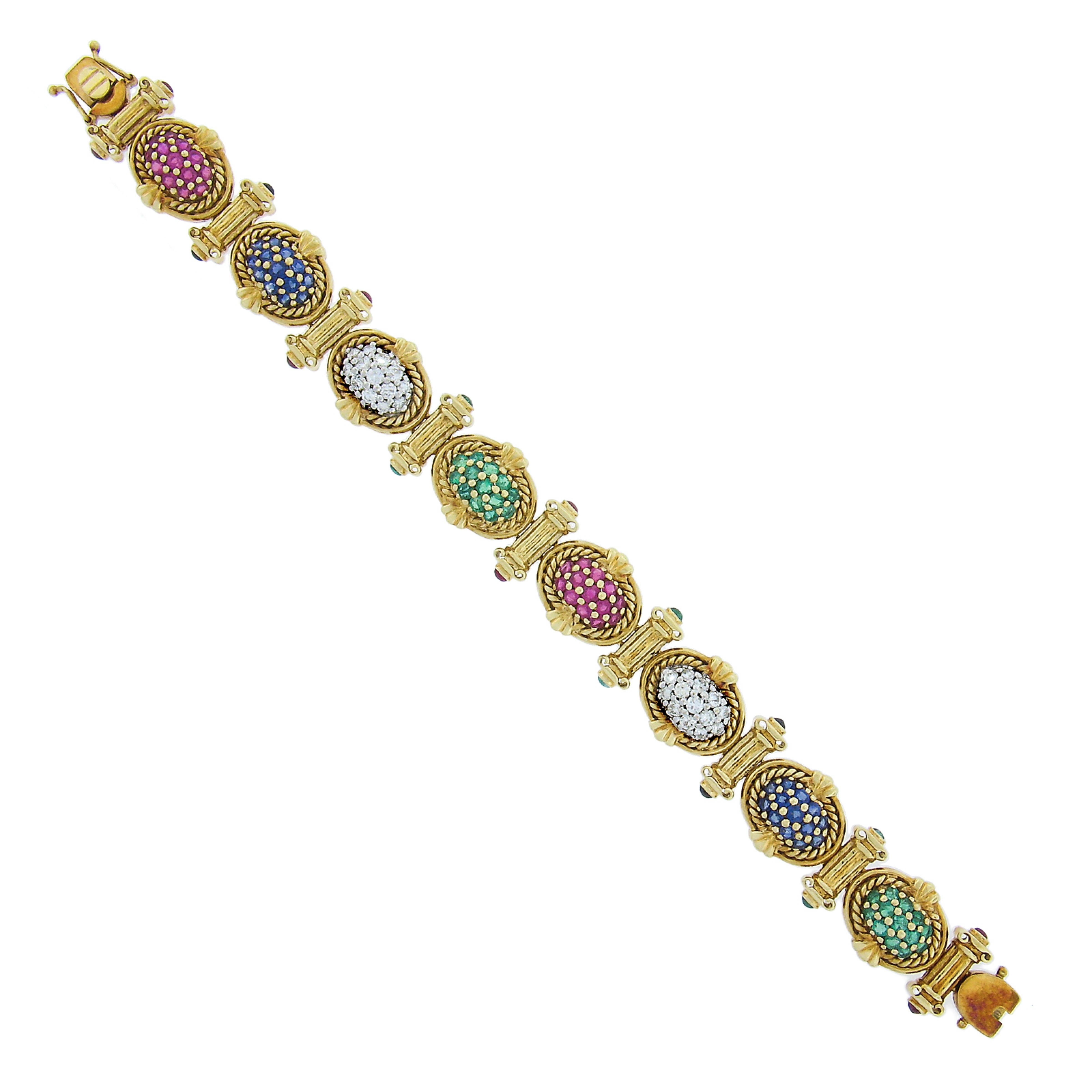 14k Gold Sapphire Ruby Emerald Diamond Multicolor Cluster & Column Link Bracelet For Sale 1