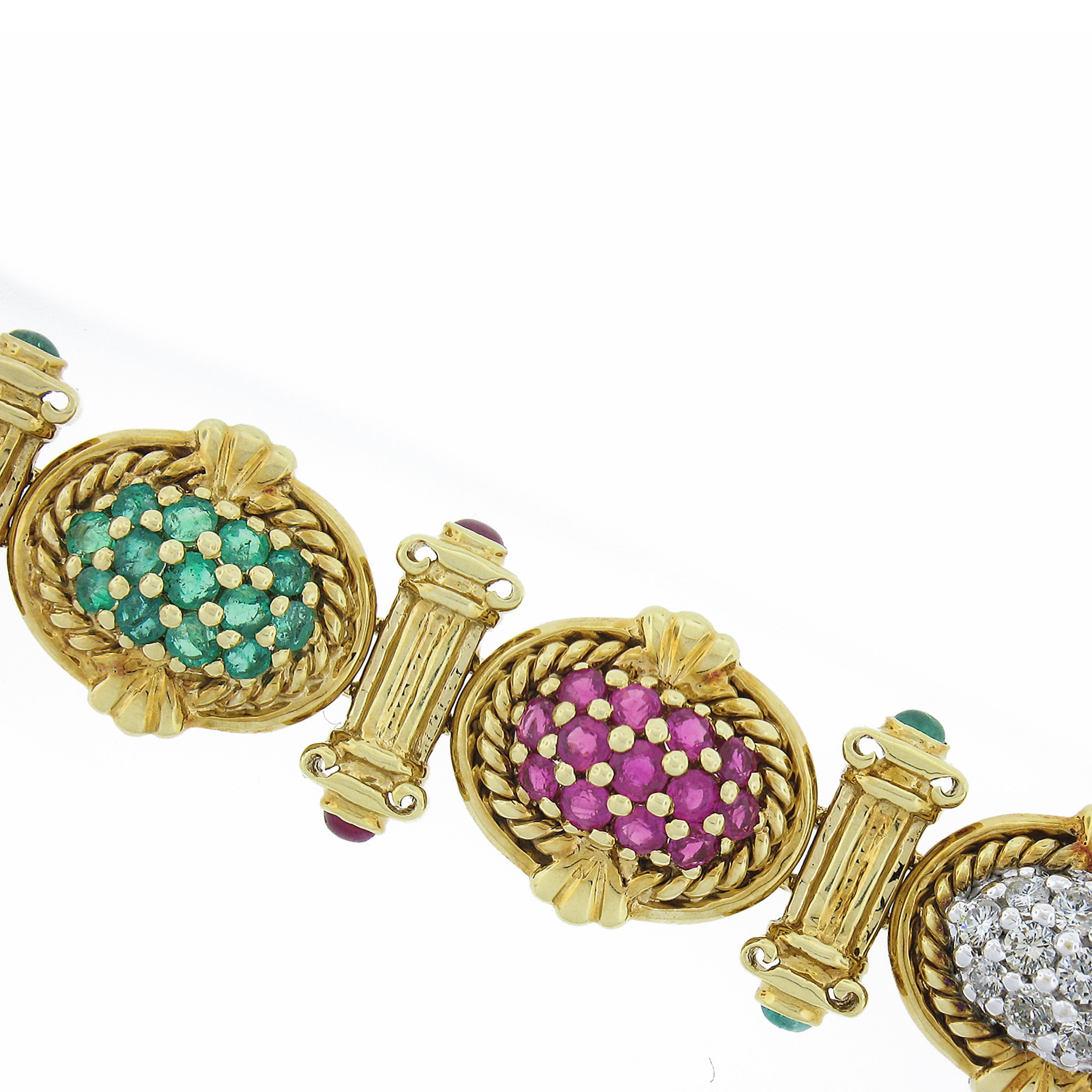 14k Gold Sapphire Ruby Emerald Diamond Multicolor Cluster & Column Link Bracelet For Sale 2