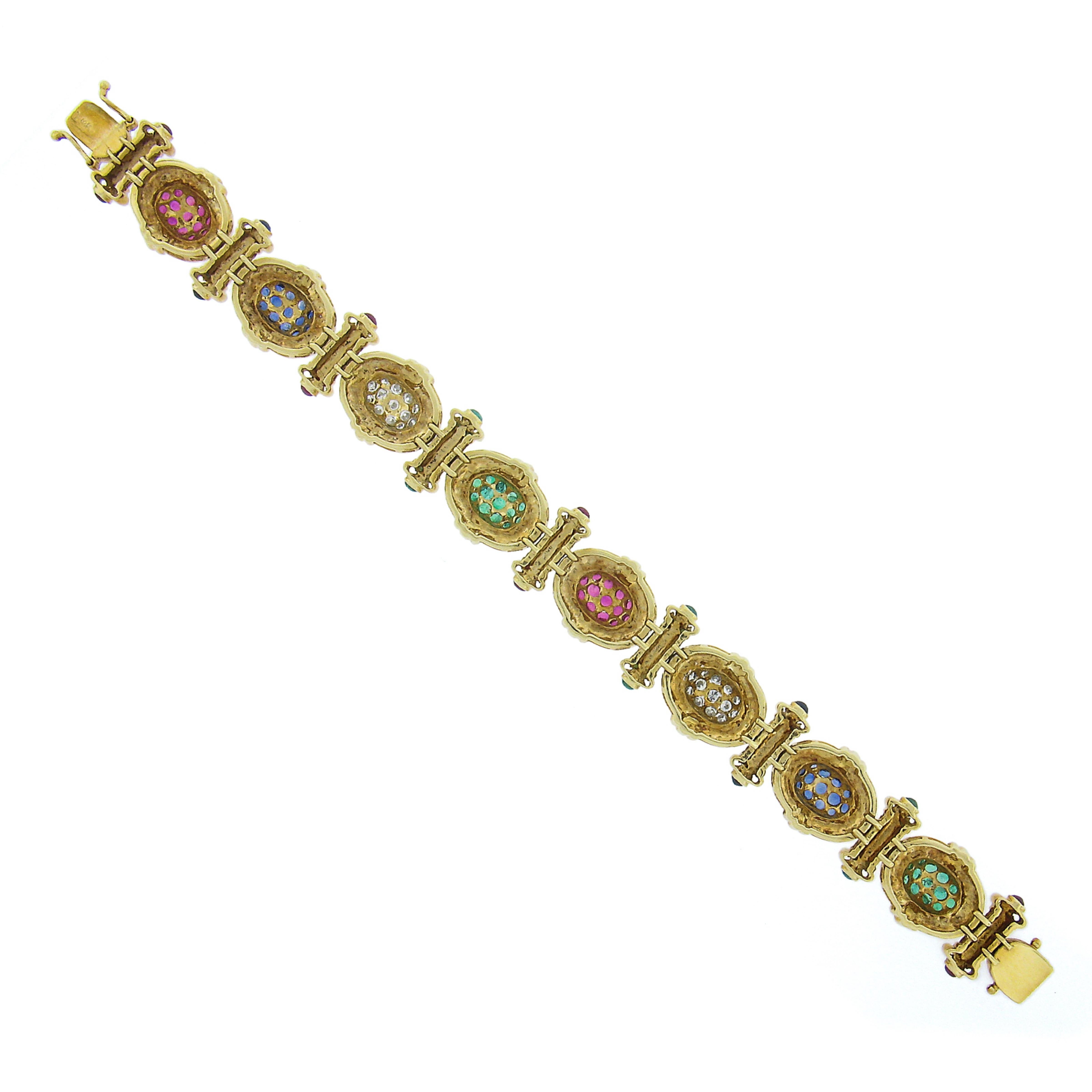 14k Gold Sapphire Ruby Emerald Diamond Multicolor Cluster & Column Link Bracelet For Sale 3