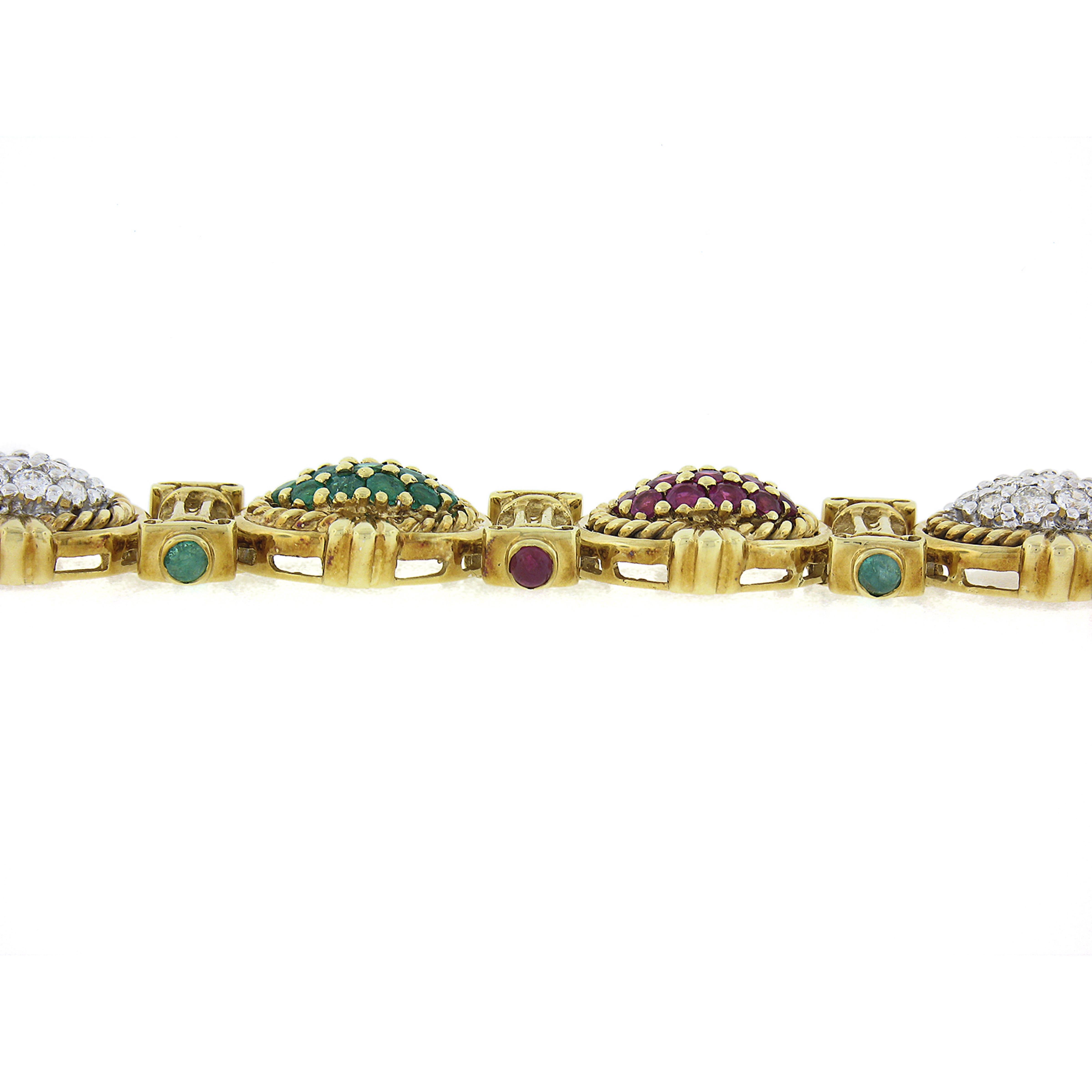 14k Gold Sapphire Ruby Emerald Diamond Multicolor Cluster & Column Link Bracelet For Sale 4