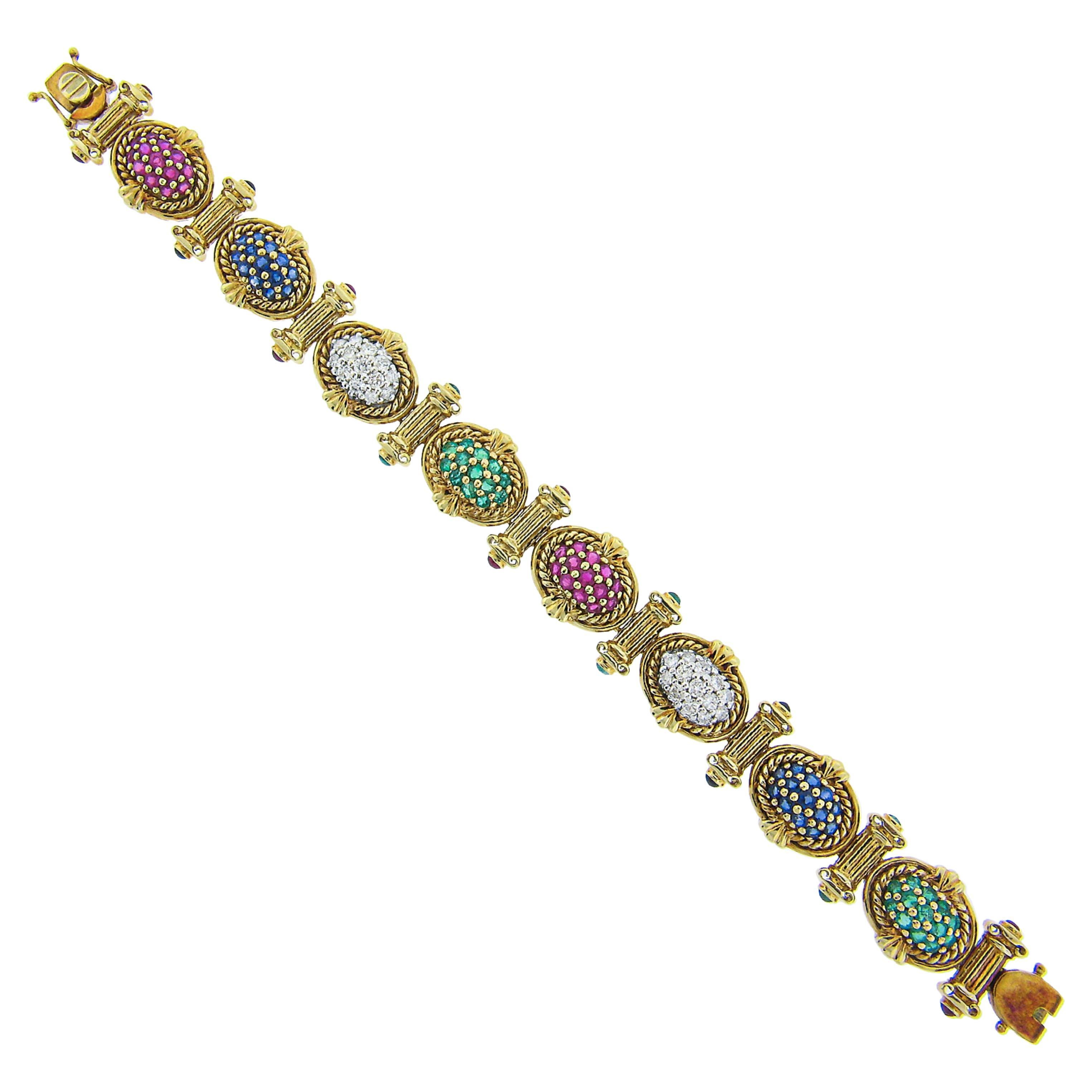 Bracelet à maillons en or 14 carats avec grappes de saphirs, rubis, émeraudes et diamants multicolores en vente