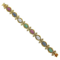 14k Gold Sapphire Ruby Emerald Diamond Multicolor Cluster & Column Link Bracelet