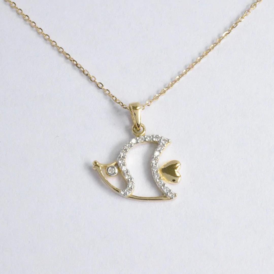 Round Cut 14k Gold Sea Life Necklace Diamond Fish Necklace Ocean Fish Necklace For Sale