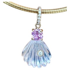 14k Gold Muschel-Anhänger, Rosenquarz, Diamanten und rosa Tourmaine