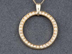 14K Gold Seed Pearl Circle Pendant with 1.4mm Wide Figaro Chain Necklace 18"