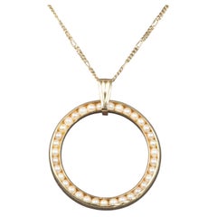 14K Gold Seed Pearl Circle Pendant with 1.4mm Wide Figaro Chain Necklace 18"