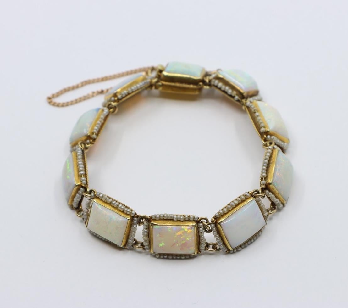 Square Cut 14K Gold Seed Pearl Opal Bracelet For Sale
