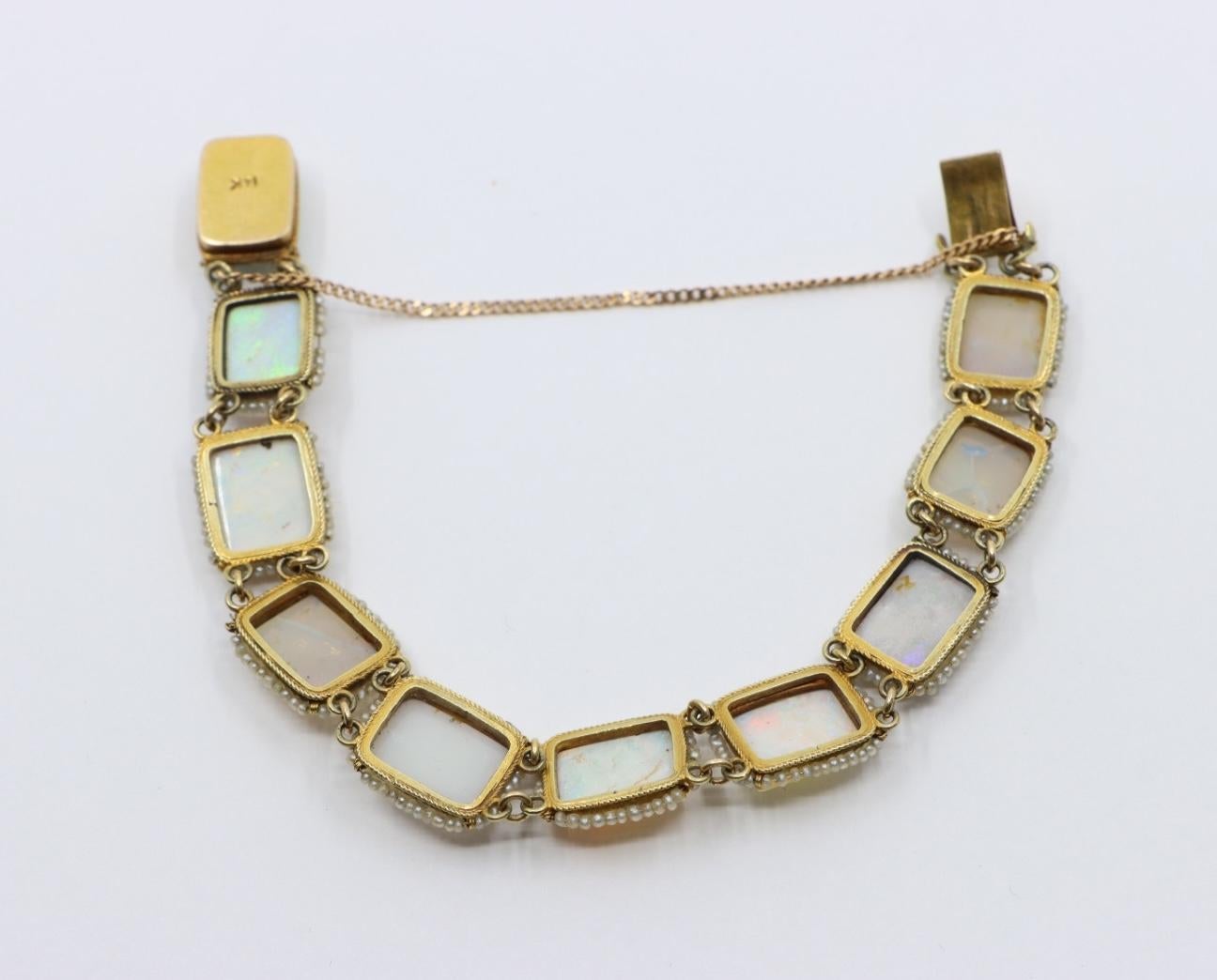 14K Gold Seed Pearl Opal Bracelet For Sale 4