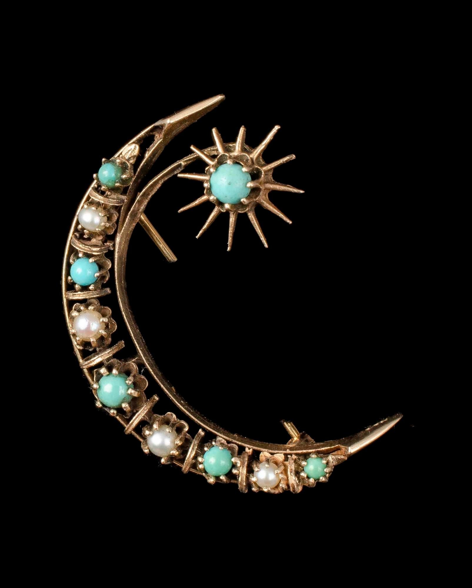 Cabochon 14k Gold Seed, Pearls, Turquoise Victorian Revival Crescent Moon Star Pin Brooch For Sale