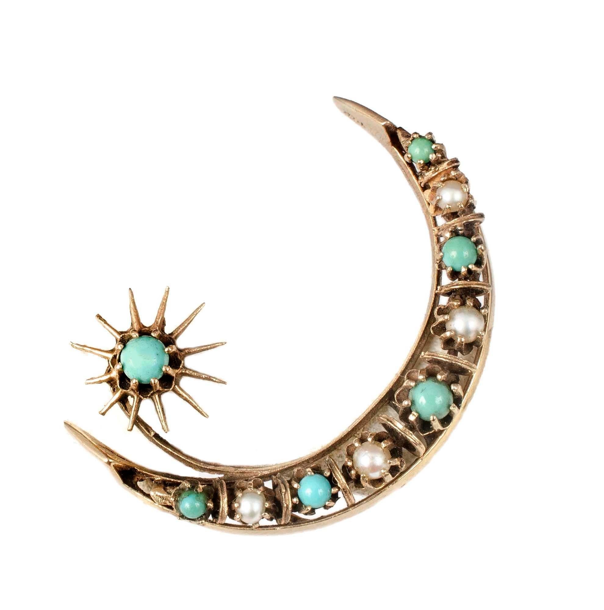 14k Gold Seed, Pearls, Turquoise Victorian Revival Crescent Moon Star Pin Brooch In Excellent Condition For Sale In Binghamton, NY