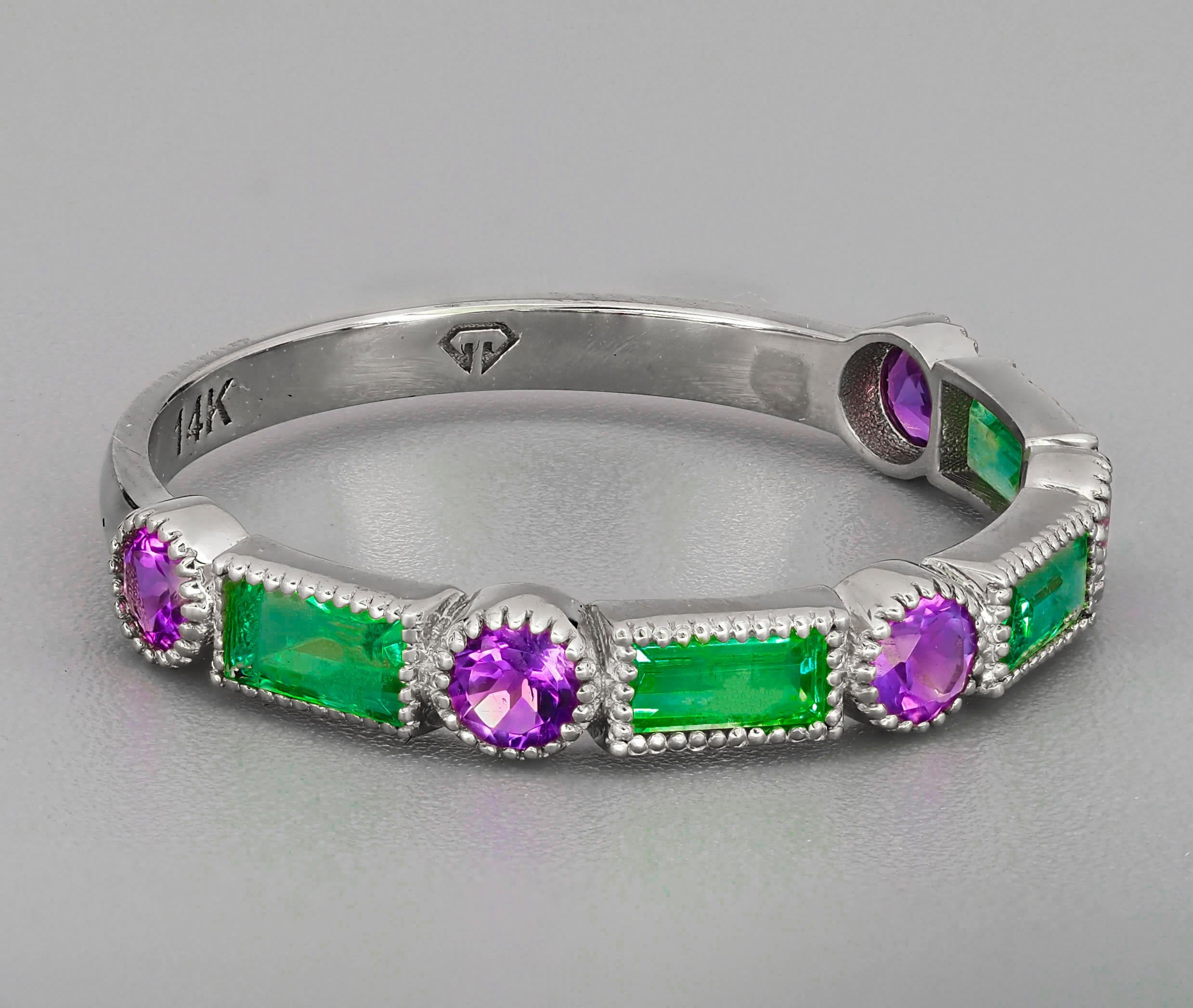 For Sale:  14k Gold Semi-Eternity Ring with Emeralds and Amethysts 2