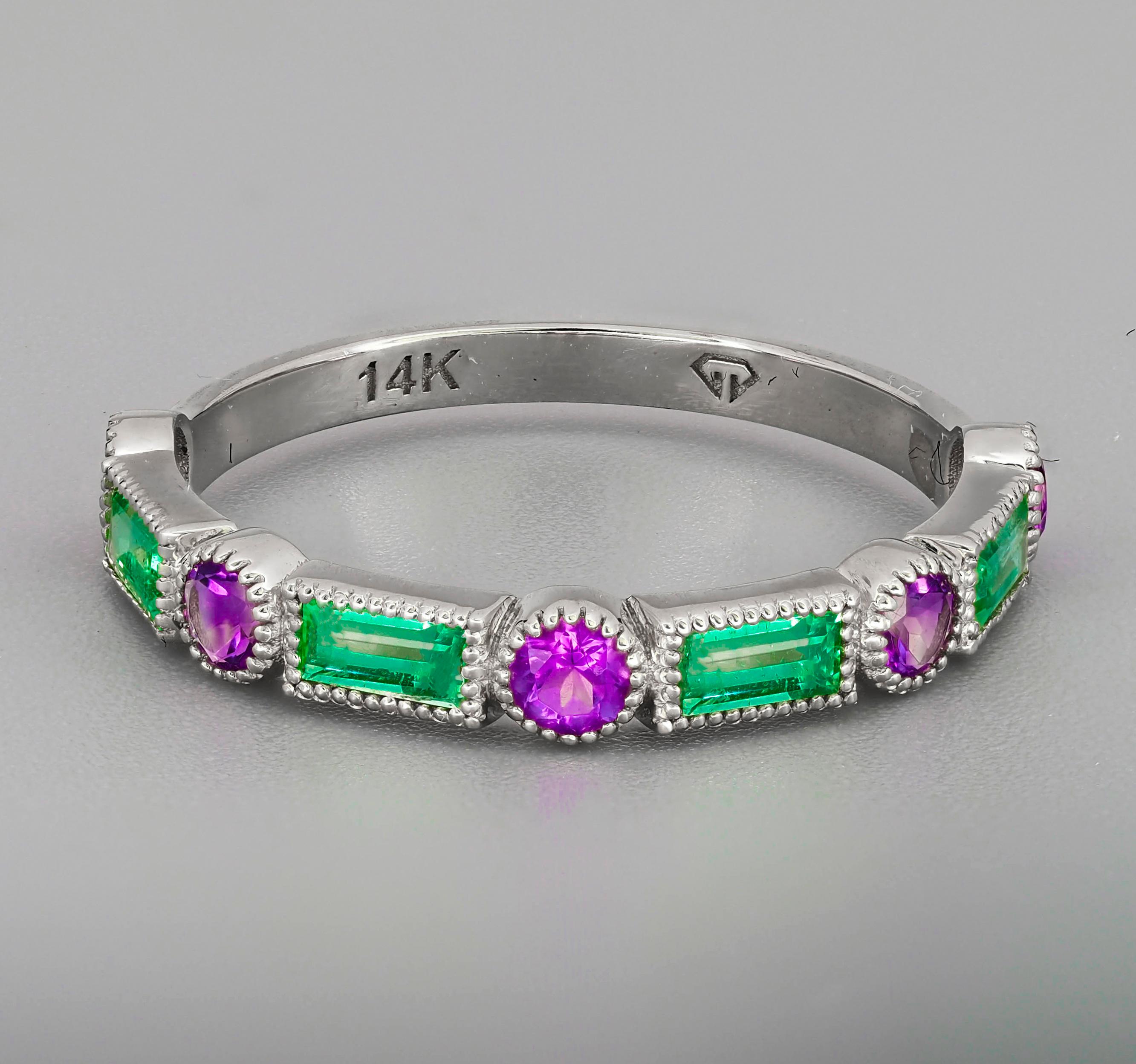 For Sale:  14k Gold Semi-Eternity Ring with Emeralds and Amethysts 4