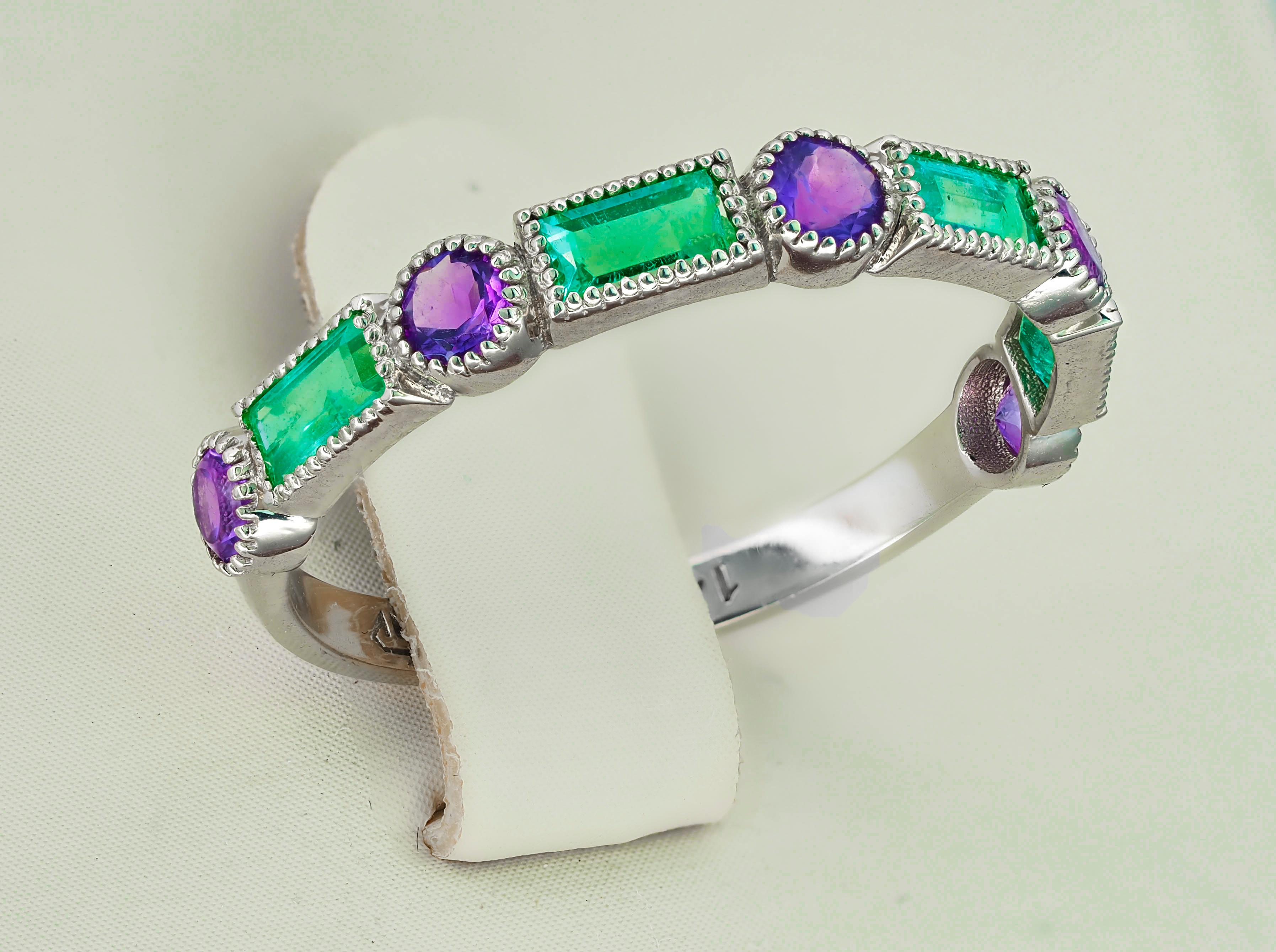 For Sale:  14k Gold Semi-Eternity Ring with Emeralds and Amethysts 6