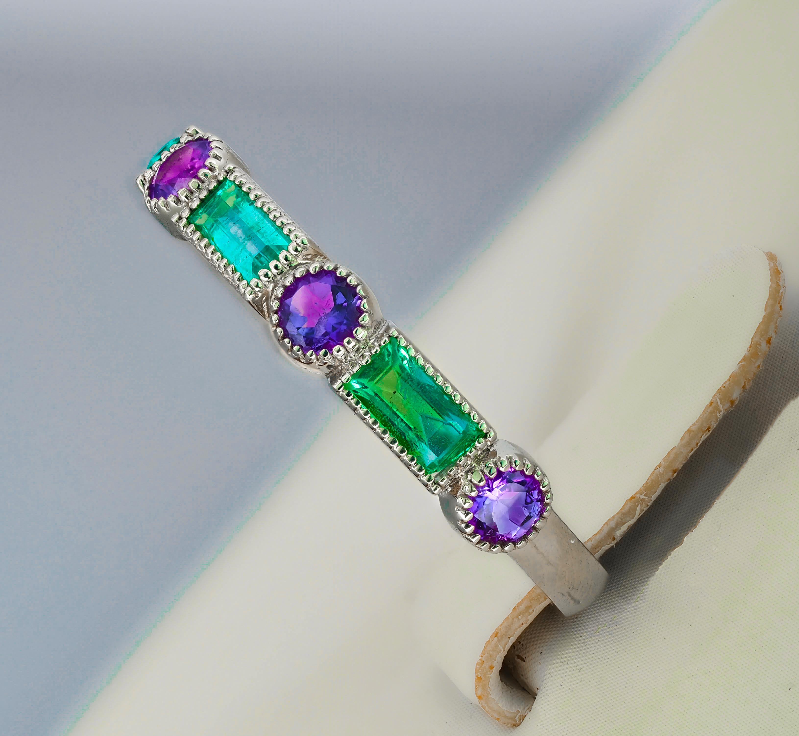 For Sale:  14k Gold Semi-Eternity Ring with Emeralds and Amethysts 7