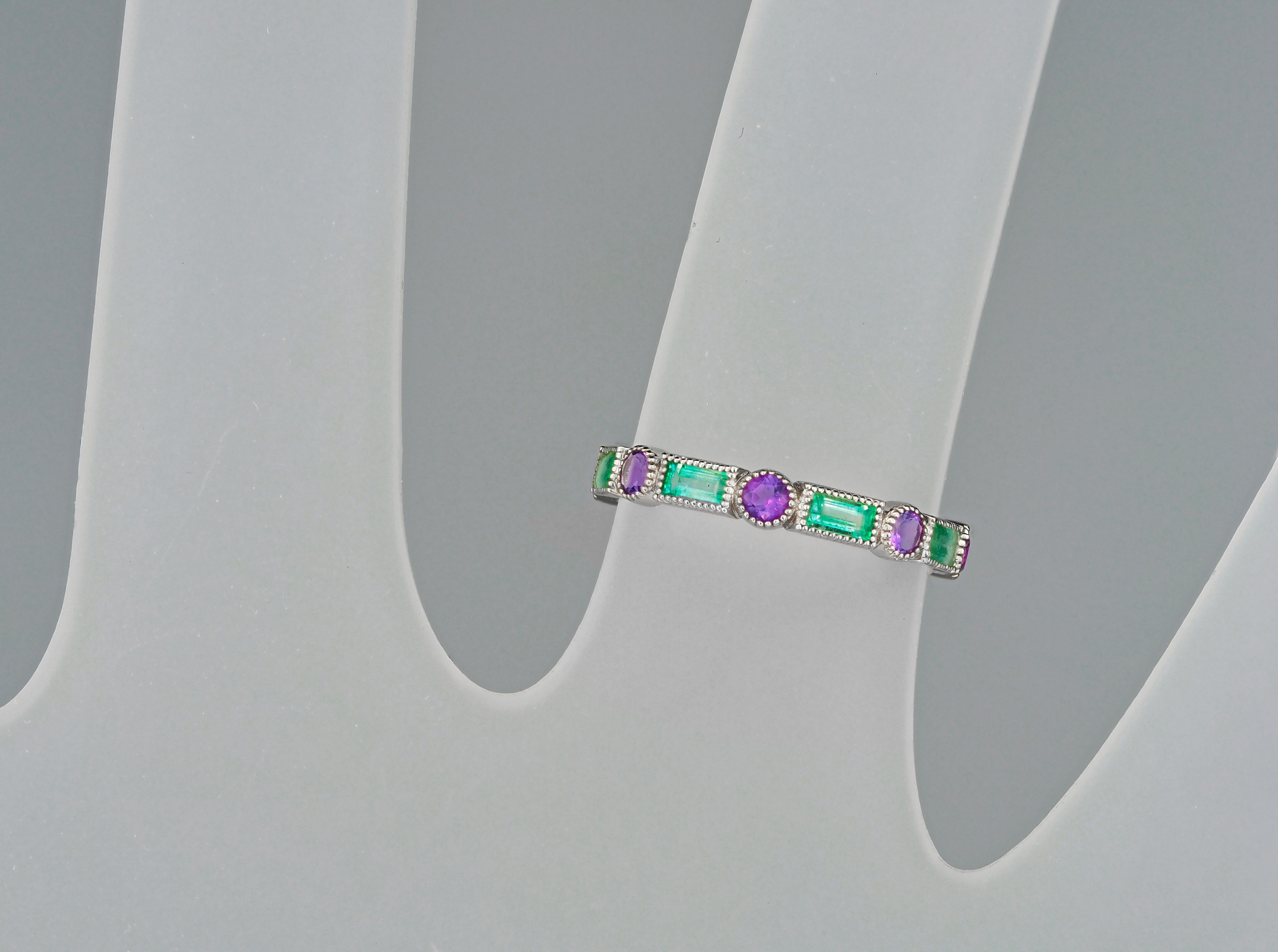 For Sale:  14k Gold Semi-Eternity Ring with Emeralds and Amethysts 8