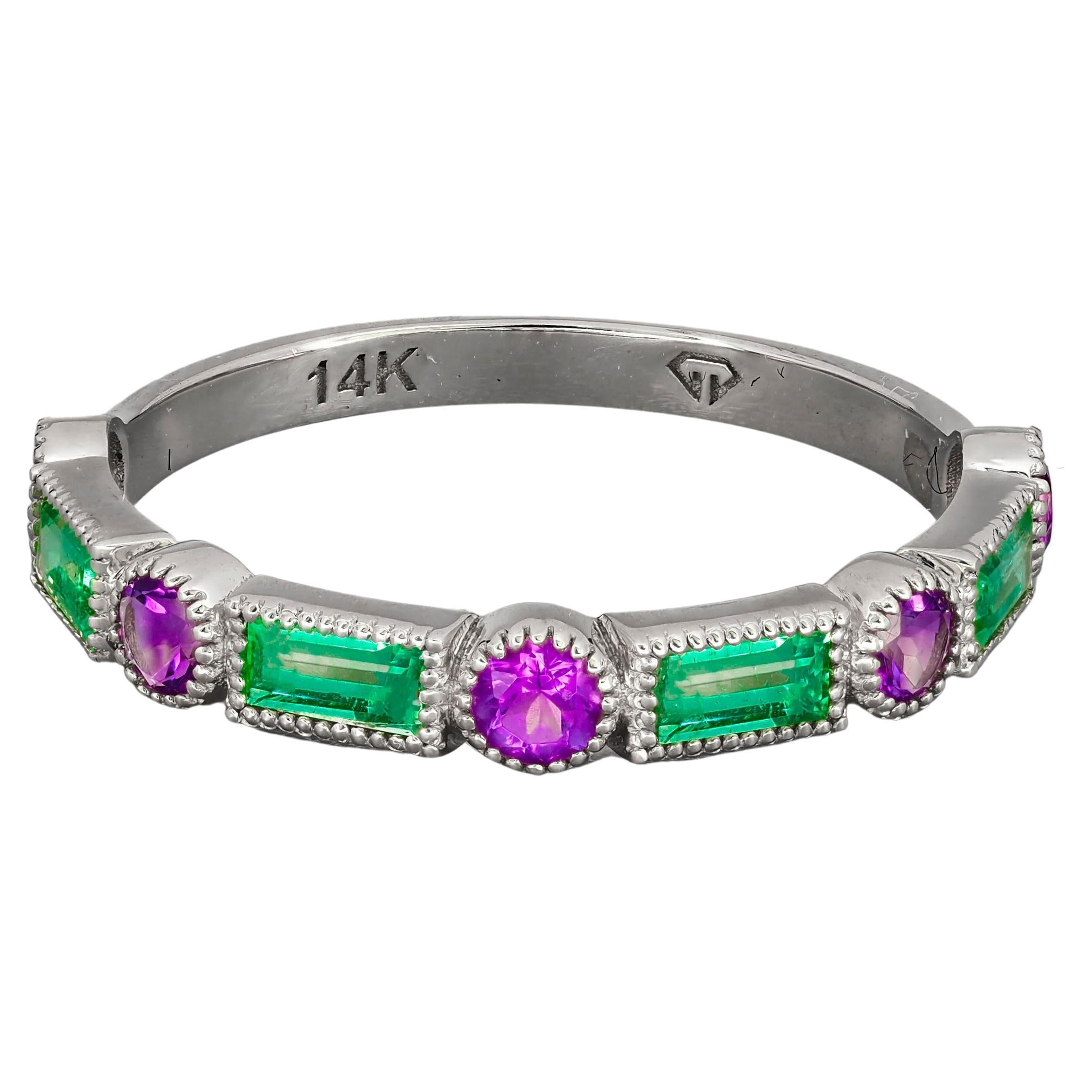 14k Gold Semi-Eternity Ring with Emeralds and Amethysts