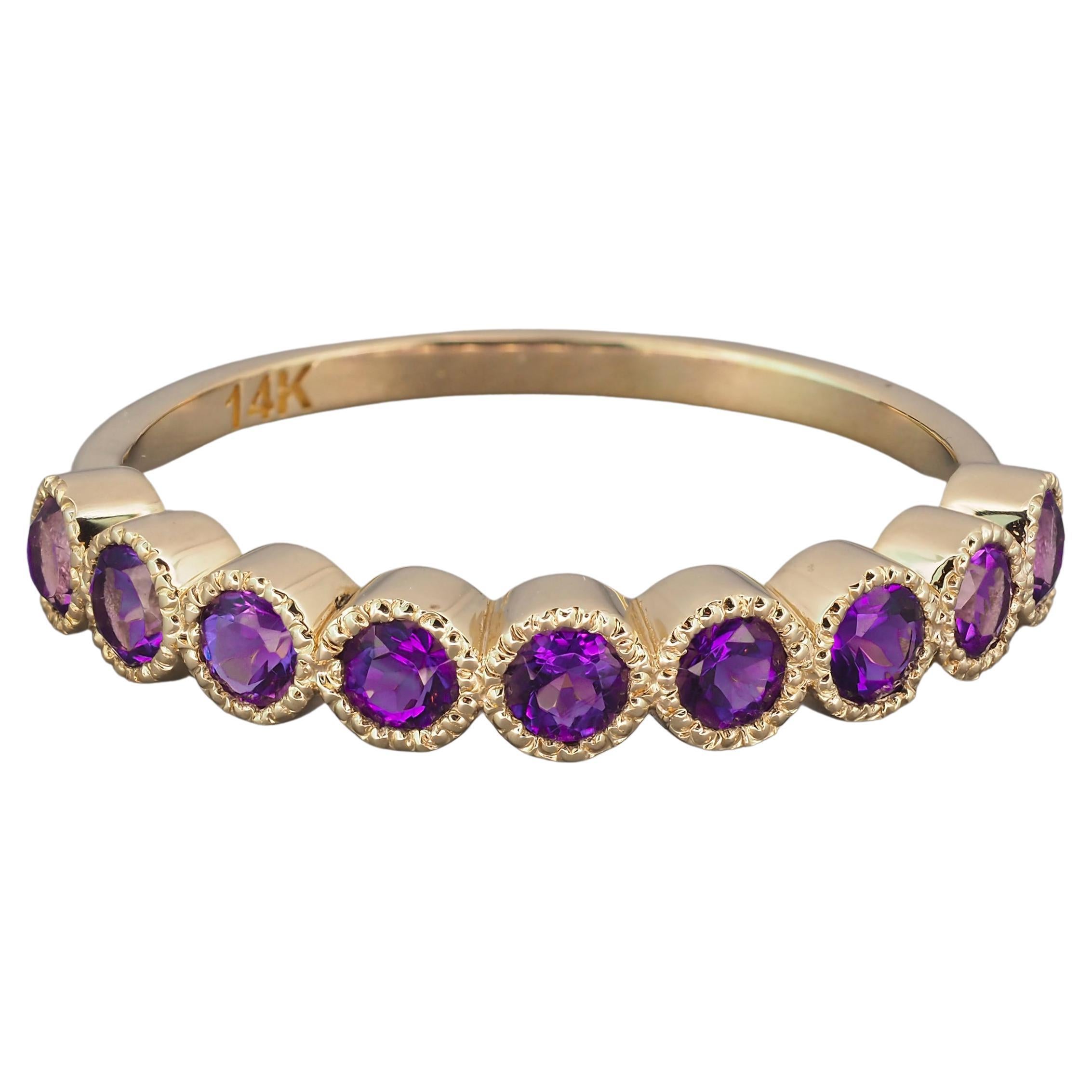 For Sale:  14k Gold Semi Eternity Ring with Natural Amethysts