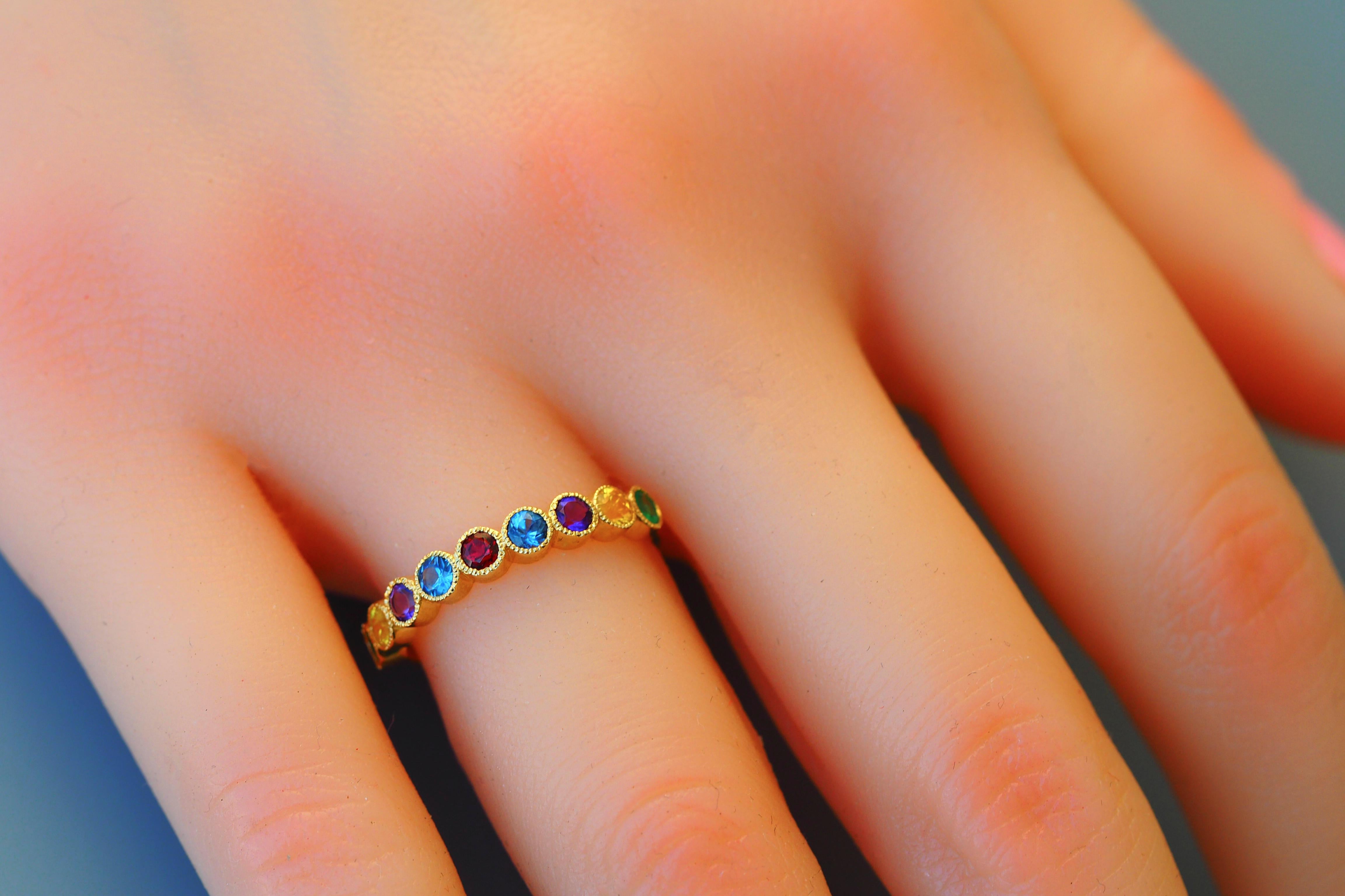 For Sale:  14k Gold Semi Eternity Ring with Natural Gemstones 8