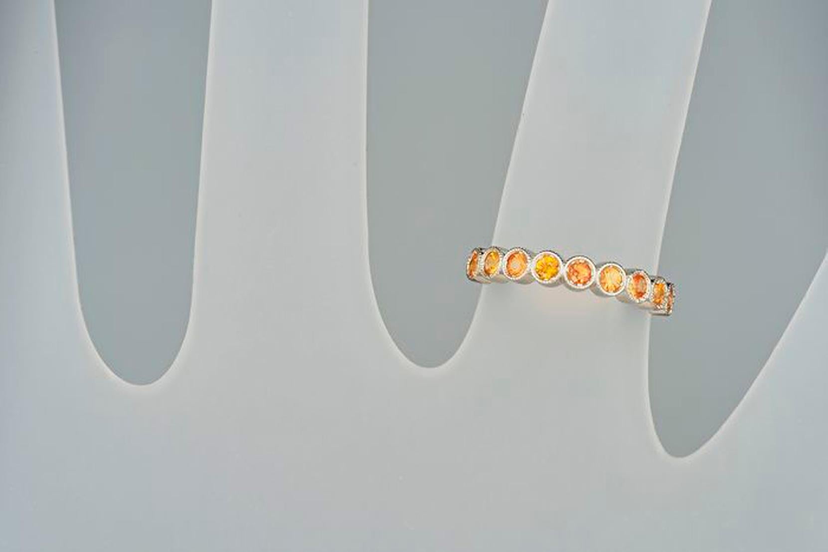 For Sale:  14k Gold Semi Eternity Ring with Natural Sapphires 9