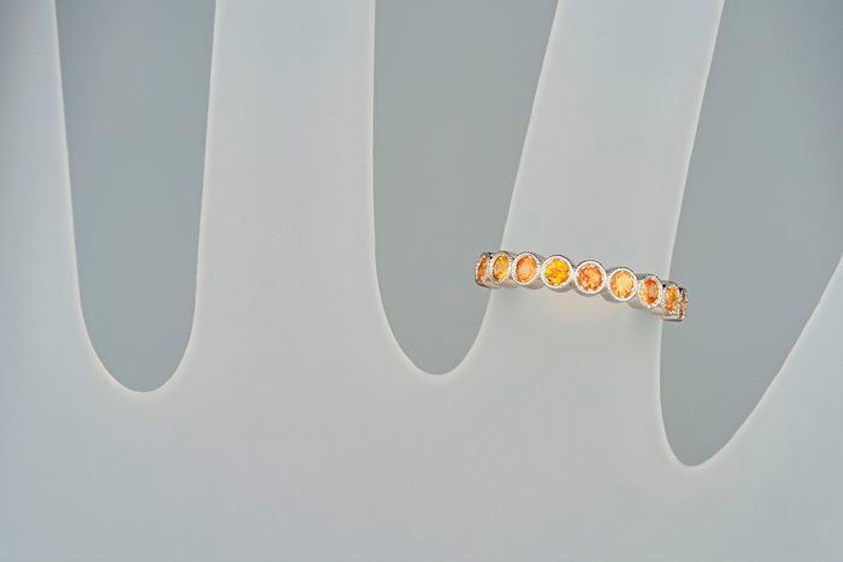 For Sale:  Orange sapphires half eternity 14k solid gold ring 9