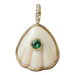 14k Gold Shell Pendant with Emerald and Diaminds