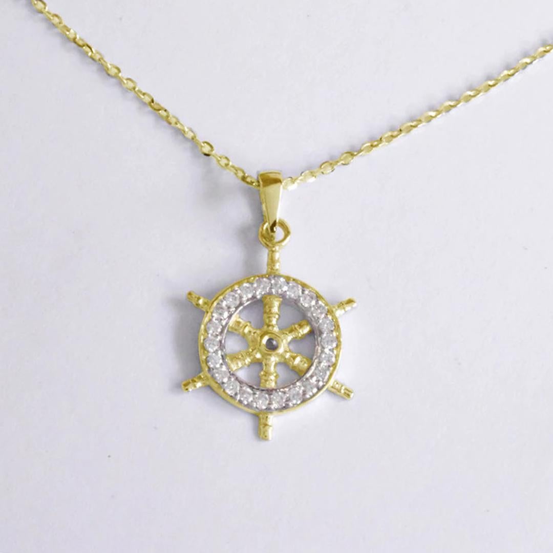 Modern 14k Gold Ship Wheel Necklace Cruse Ship Charm Pendant For Sale