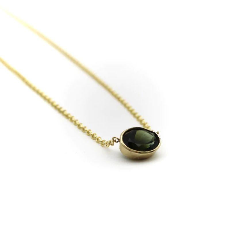 Contemporary 14k Gold Signature Bezel Set Dark Green Tourmaline Necklace For Sale