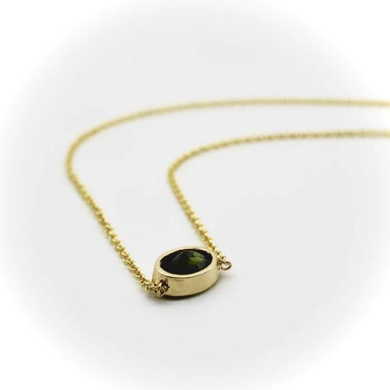 Oval Cut 14k Gold Signature Bezel Set Dark Green Tourmaline Necklace For Sale