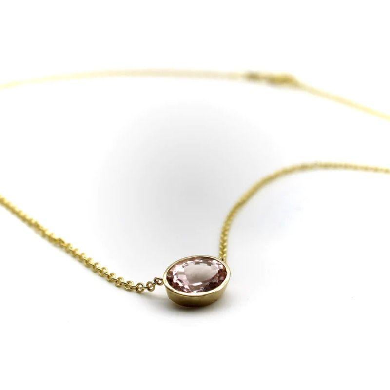 Oval Cut 14k Gold Signature Bezel Set Pale Pink Tourmaline Necklace For Sale