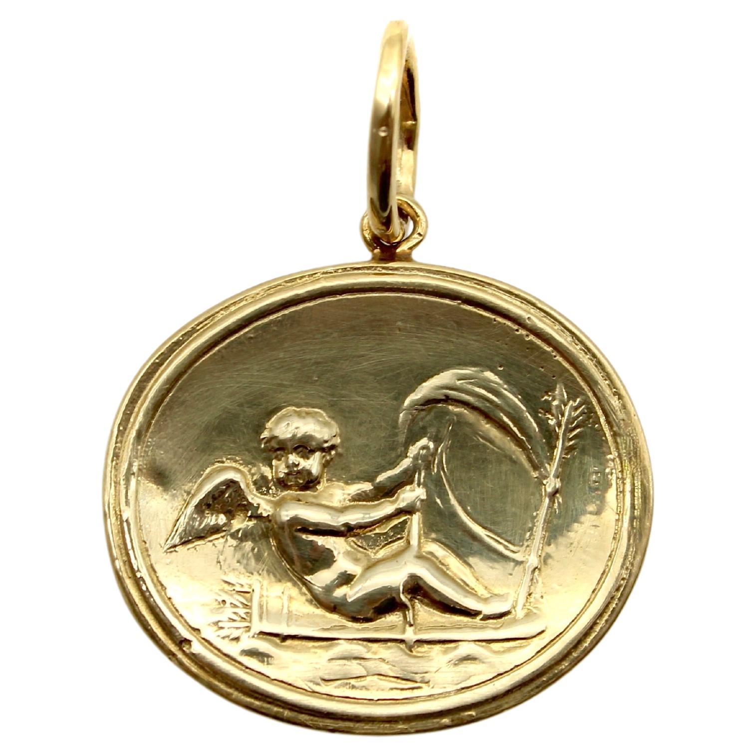 14K Gold Signature Classical Revival Cupid Medallion For Sale