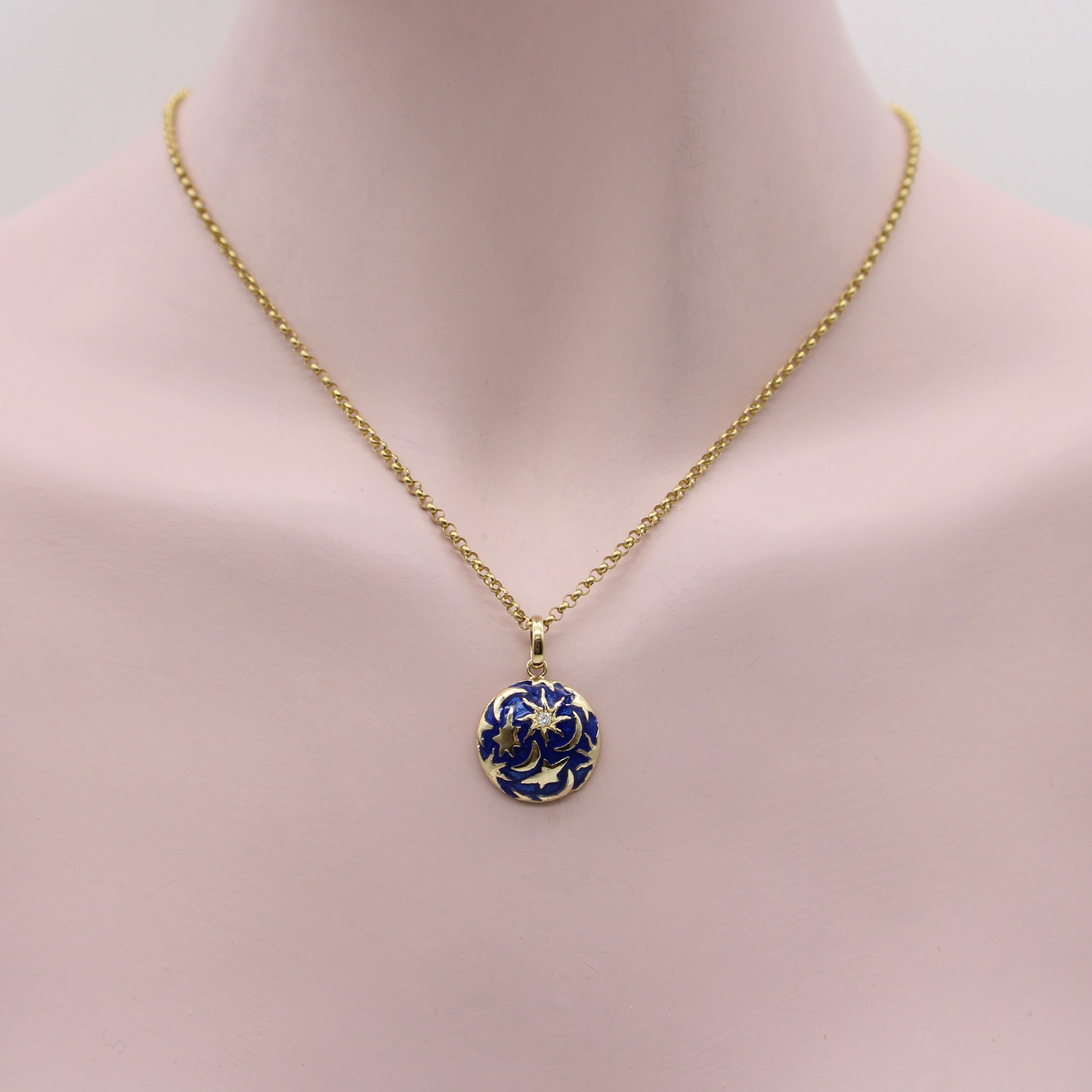 Brilliant Cut 14k Gold Signature Galaxy Moon and Stars Pendant with Diamond and Enamel For Sale