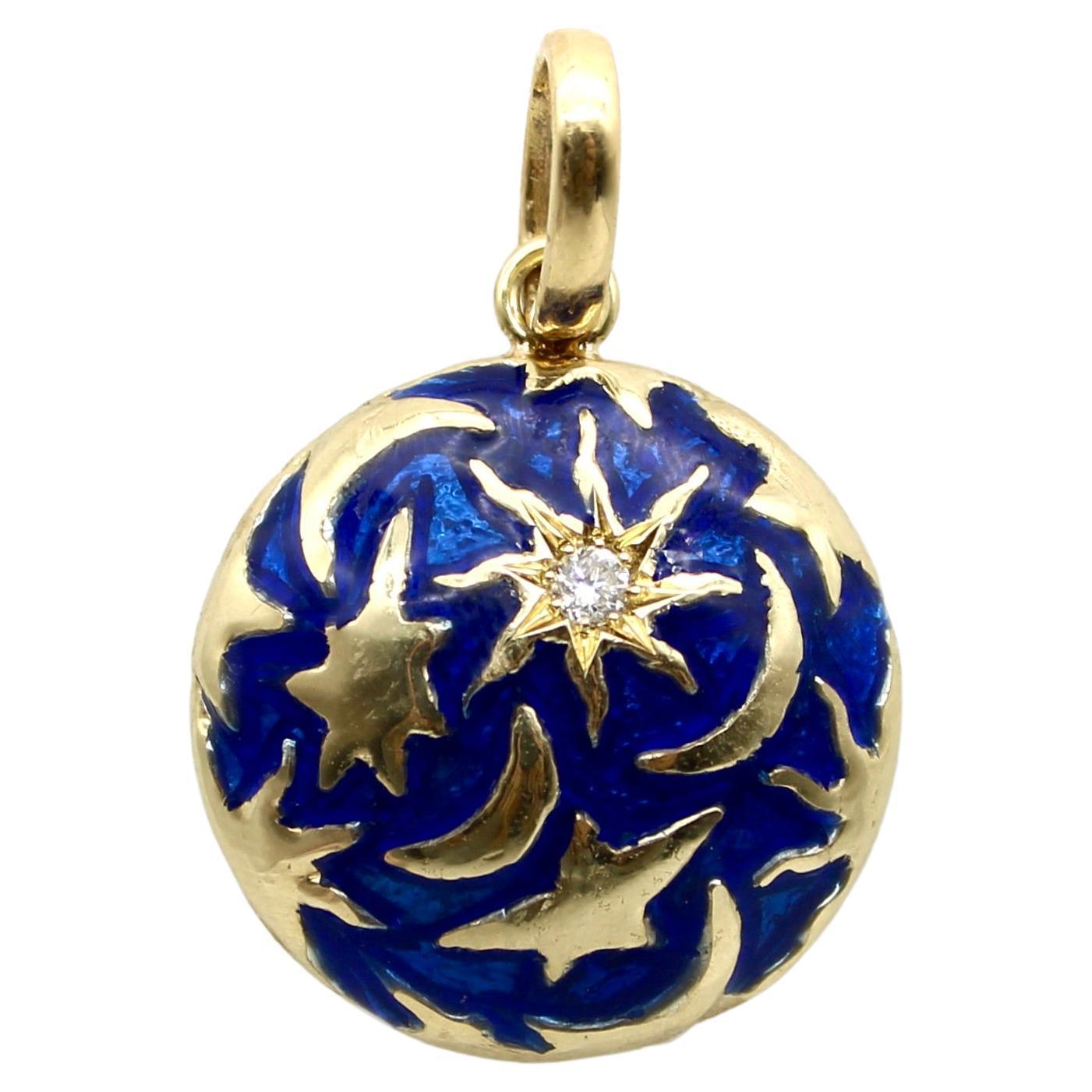 14k Gold Signature Galaxy Moon and Stars Pendant with Diamond and Enamel For Sale