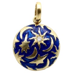 14k Gold Signature Galaxy Moon and Stars Pendant with Diamond and Enamel