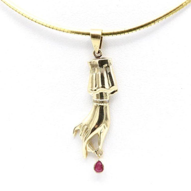 14K Gold Signature Hand Pendant with Ruby Drop For Sale at 1stDibs