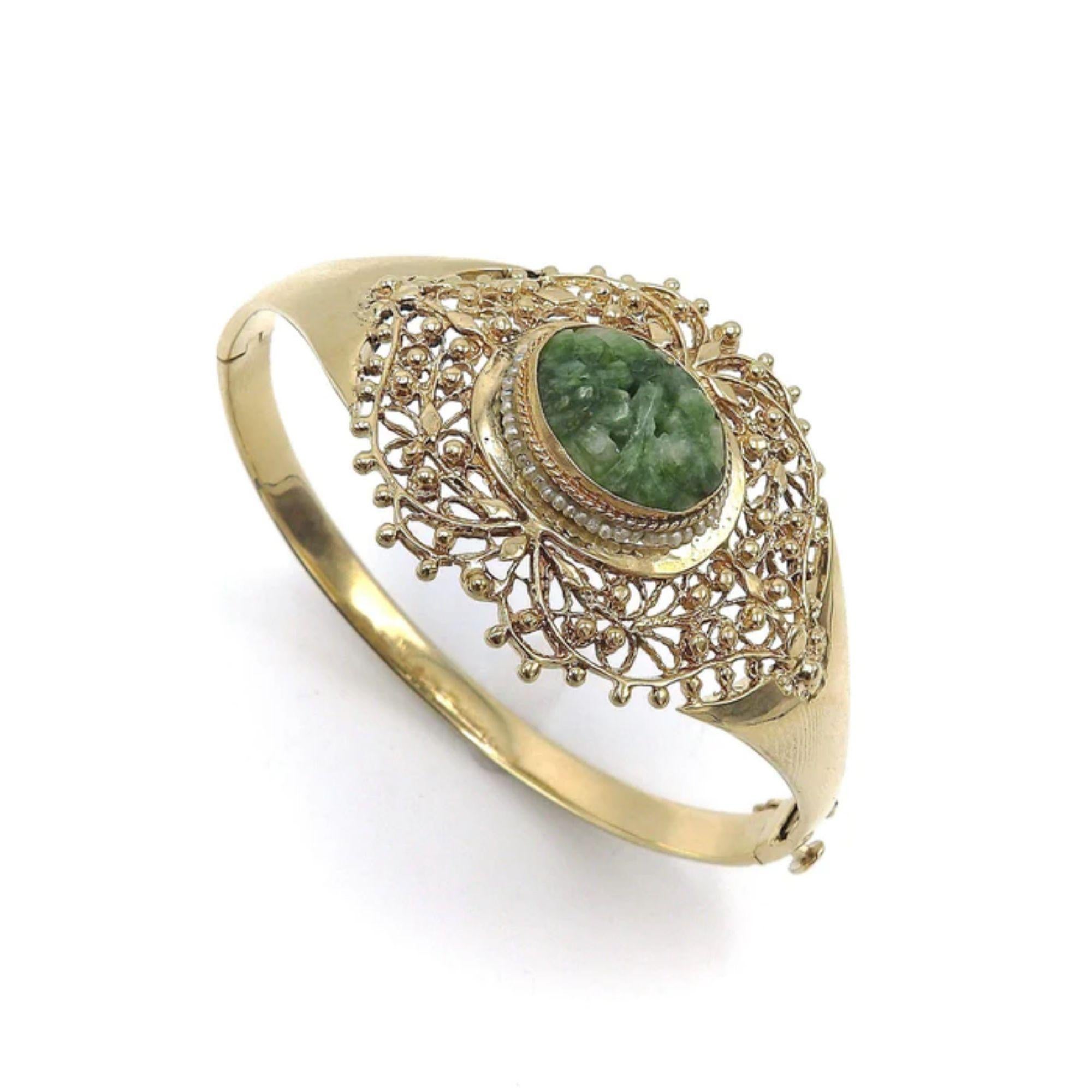 Victorian 14K Gold Signature Jade and Seed Pearl Statement Bracelet For Sale
