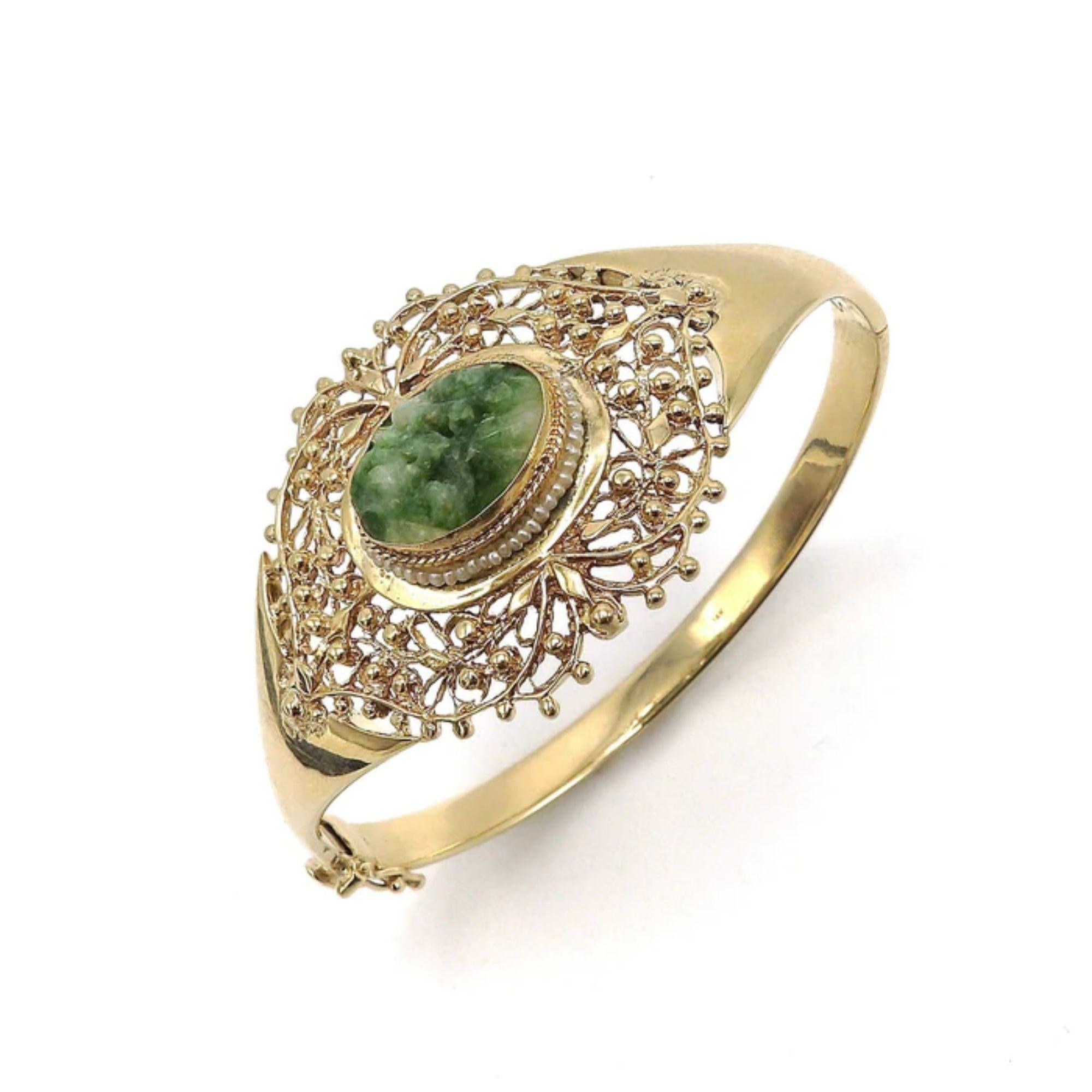 Statement-Armband aus Jade und Saatperlen, 14 Karat Gold, signiert für Damen oder Herren im Angebot