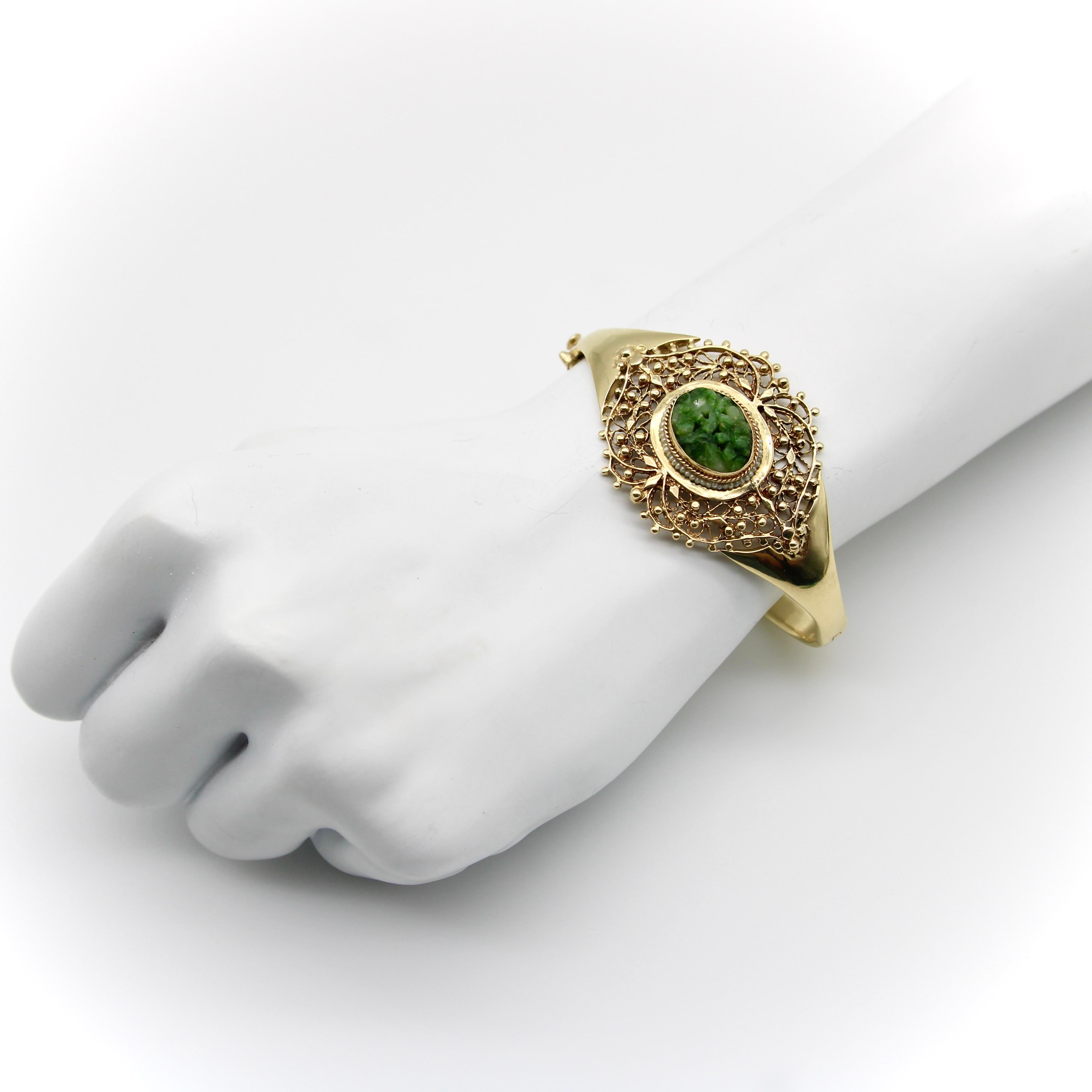 14K Gold Signature Jade and Seed Pearl Statement Bracelet For Sale 2