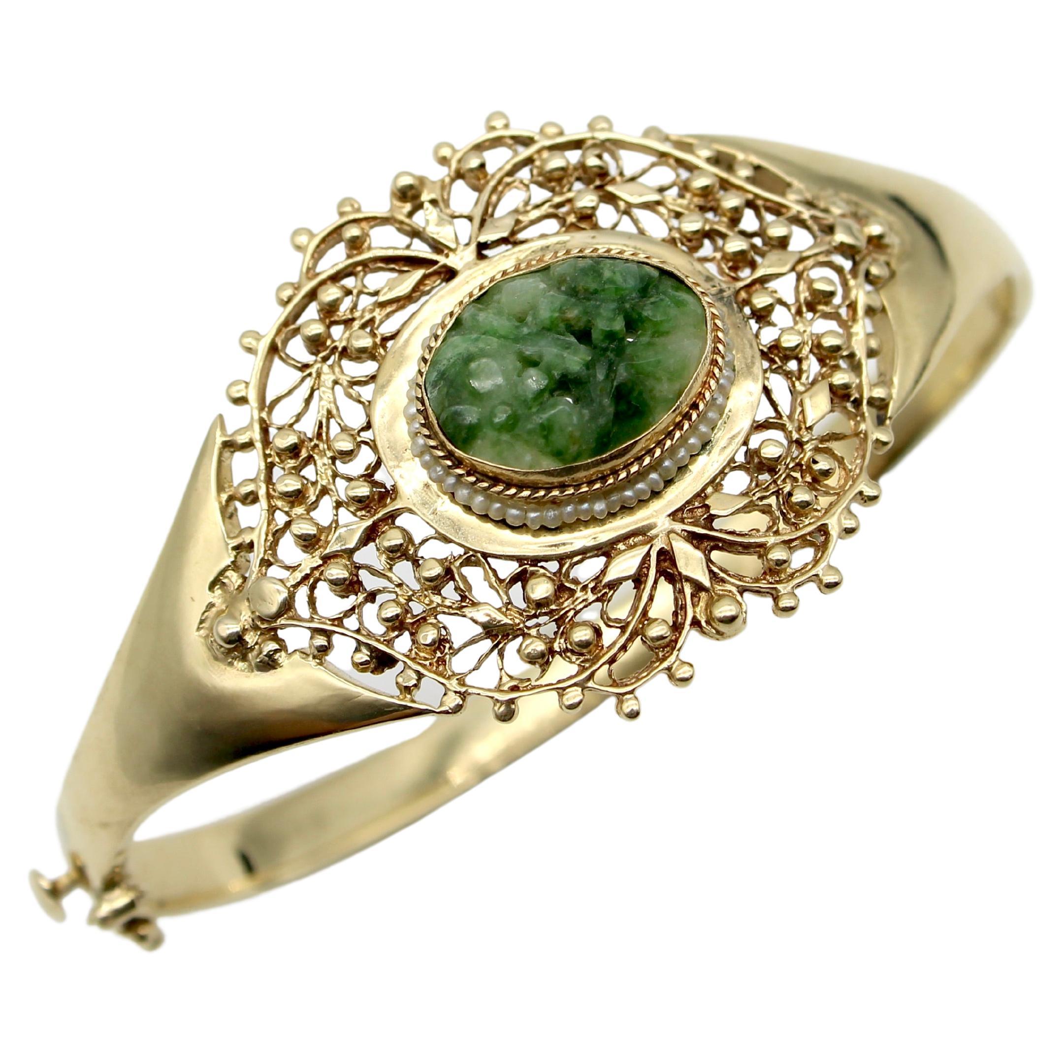 14K Gold Signature Jade and Seed Pearl Statement Bracelet For Sale