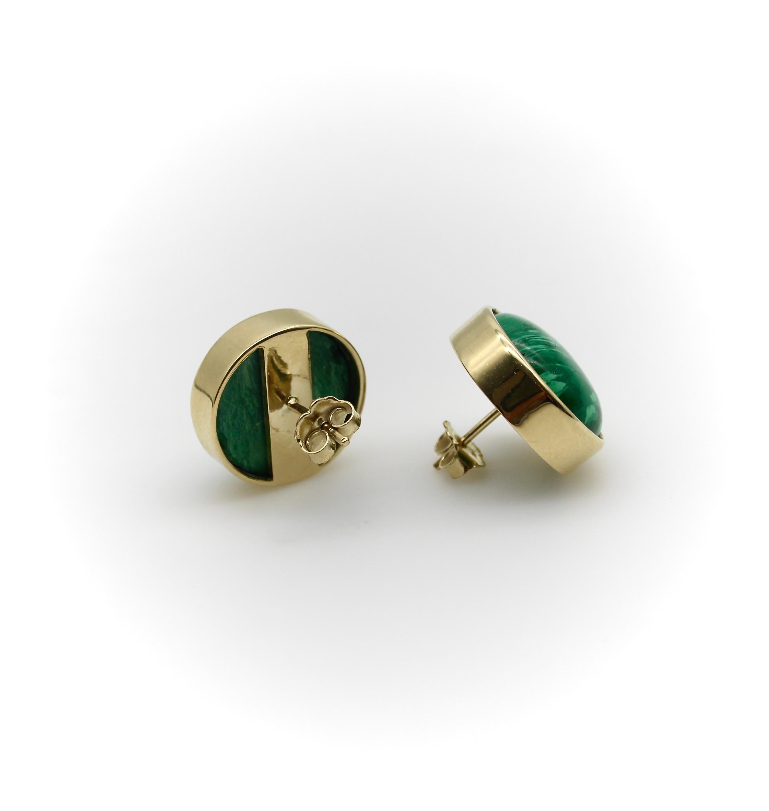 Contemporary 14K Gold Signature Malachite Button Earrings For Sale