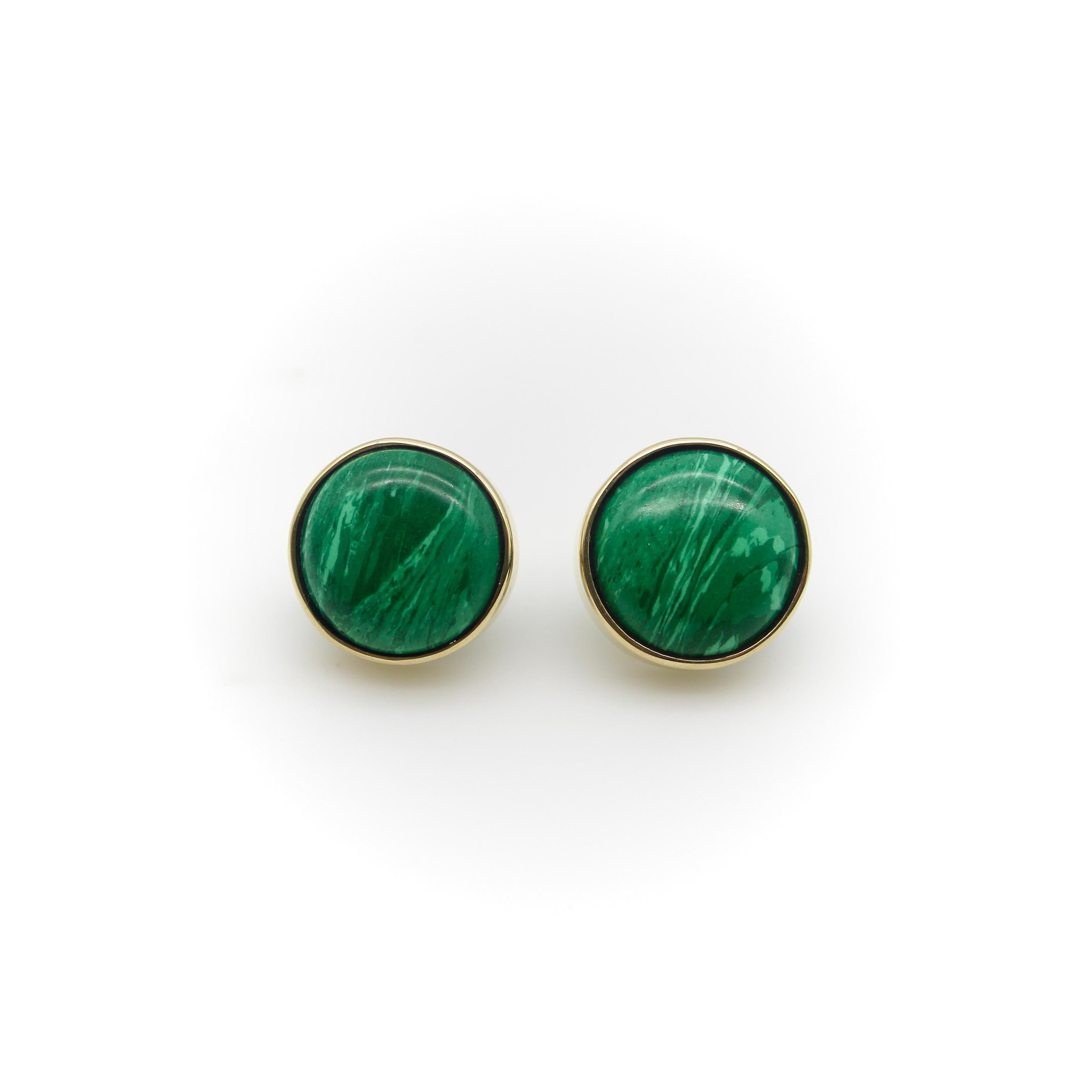 Oval Cut 14K Gold Signature Malachite Button Earrings For Sale