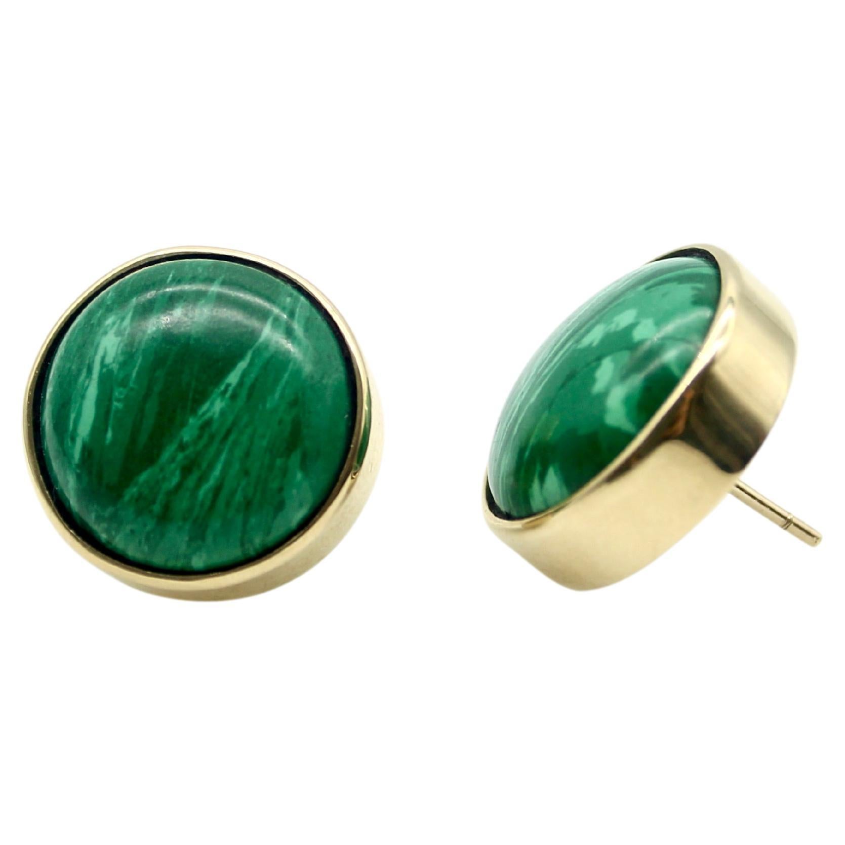 14K Gold Signature Malachite Button Earrings For Sale